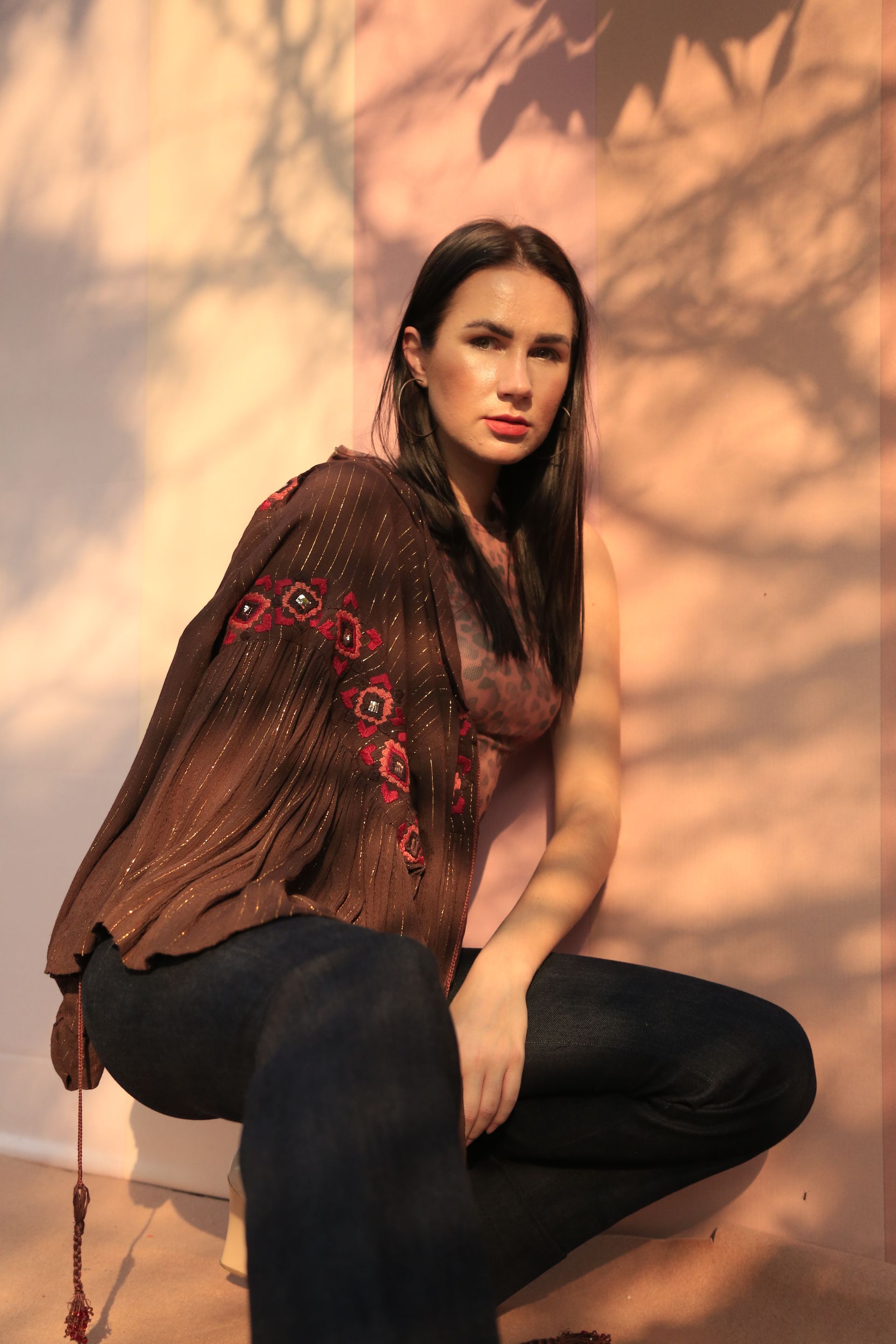 Hand Embroidered Brown Boho Blouse - Front Open Stylish Women's Top for Casual Wear & Summer Outfits