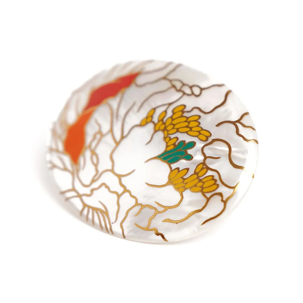Exquisite Maki-e Urushi Lacquer Brooch with White South Sea Pearl Shell & Peony Design | Traditional Japanese Lacquer Jewelry | Perfect for Kimono Accessories, Formal Occasions & Gift Giving