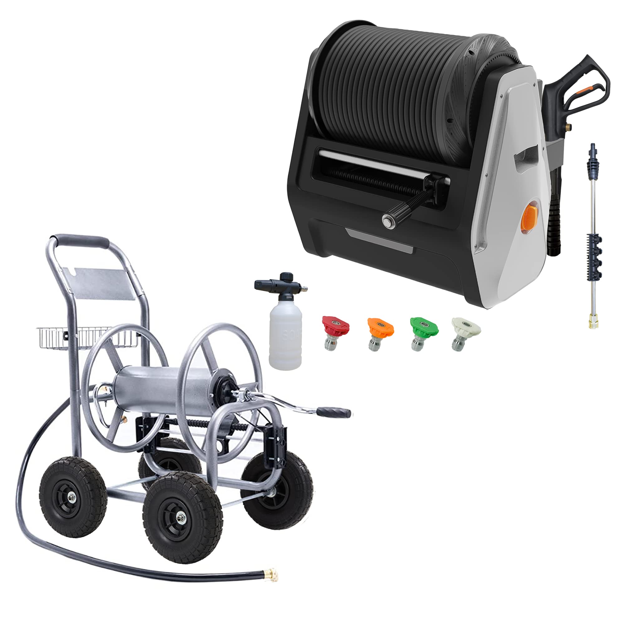 Giraffe Tools Heavy-Duty Industrial Hose Reel Cart with Wheels & Grandfalls Pressure Washer Bundle - Perfect for Car Washing, Home Cleaning, and Outdoor Power Washing