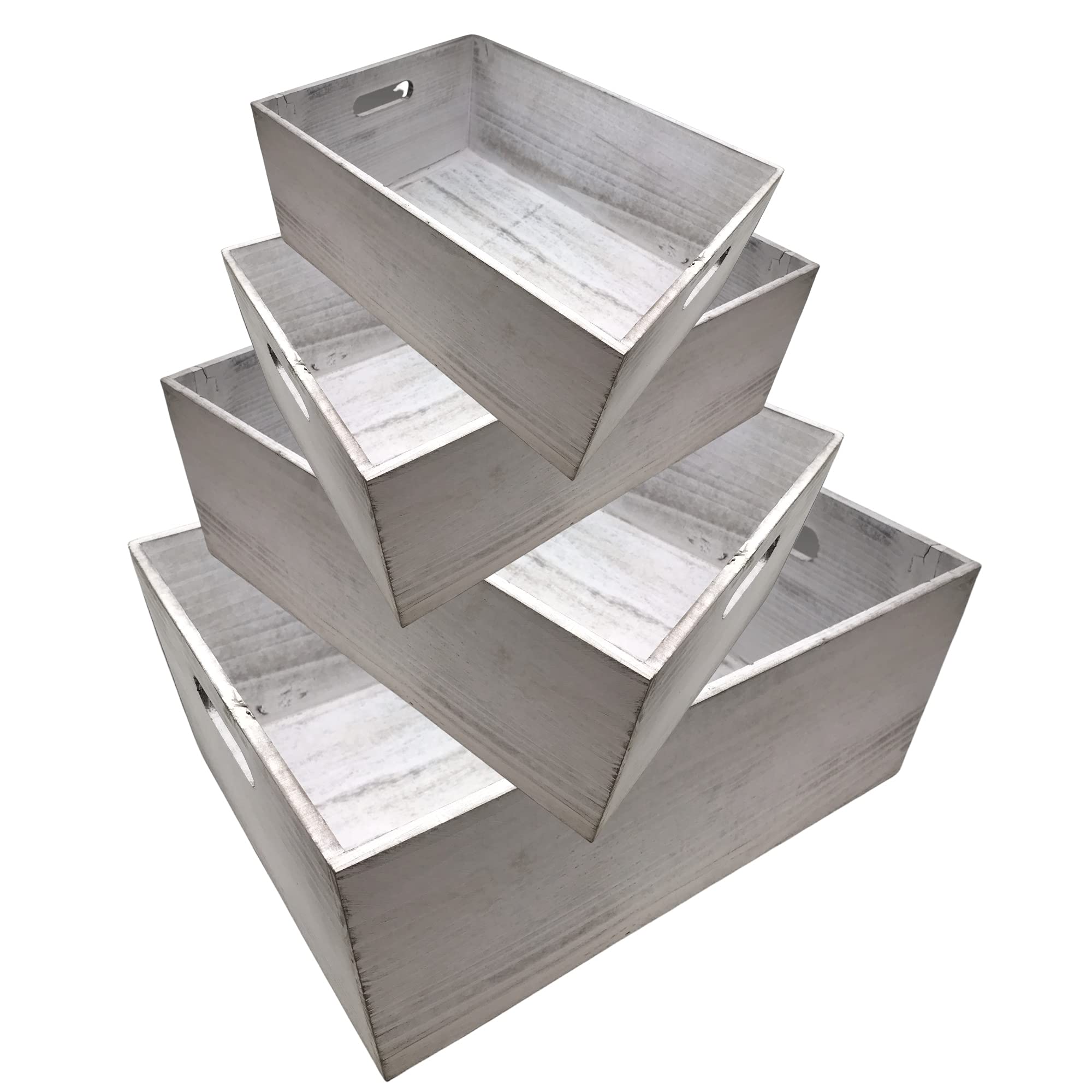 4 Pack Whitewashed Wood Storage Crates with Cutout Handles - Decorative Nesting Wooden Boxes for Home Organization, DIY Storage & Display - Perfect for Pantry, Bathroom, Closet & Farmhouse Decor