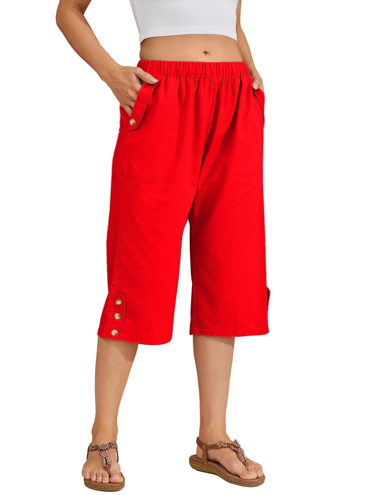Women's Summer Capri Pants - Casual Wide Leg Elastic Waist Lightweight Cropped Loose Pants with Pockets | Perfect for Beach, Travel & Everyday Wear