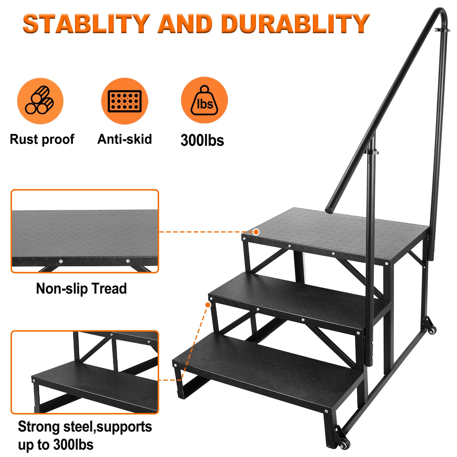 3 Step RV Stairs with Handrail - Adjustable Height, Non-Slip Tread & Wheels - Portable Steps for RV, Hot Tub, Camper, Trailer - Outdoor Use for Easy Access & Safety