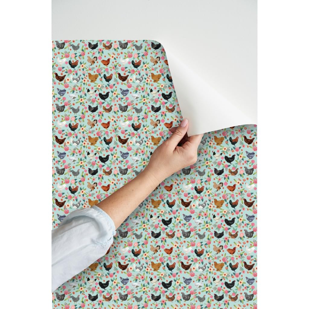 Peel & Stick Removable Wallpaper - 9ft x 2ft Chicken Breeds Floral Design with Hens & Birds in Light Blue | Farmhouse Decor | Perfect for Nursery, Kitchen, Bedroom & Home Office