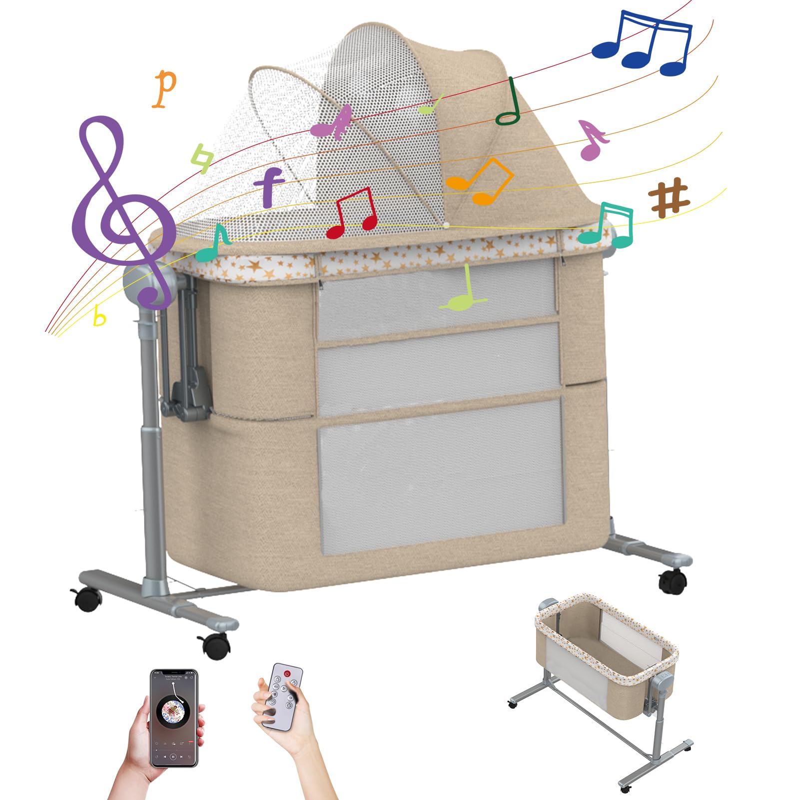 Electric Rocking Bassinet for Baby - 6-in-1 Portable Bedside Sleeper with Remote Control, 3-Speed Swing & Wheels - Newborn Crib for Co-Sleeping (Khaki) | Perfect for Nursery, Bedroom & Travel Use