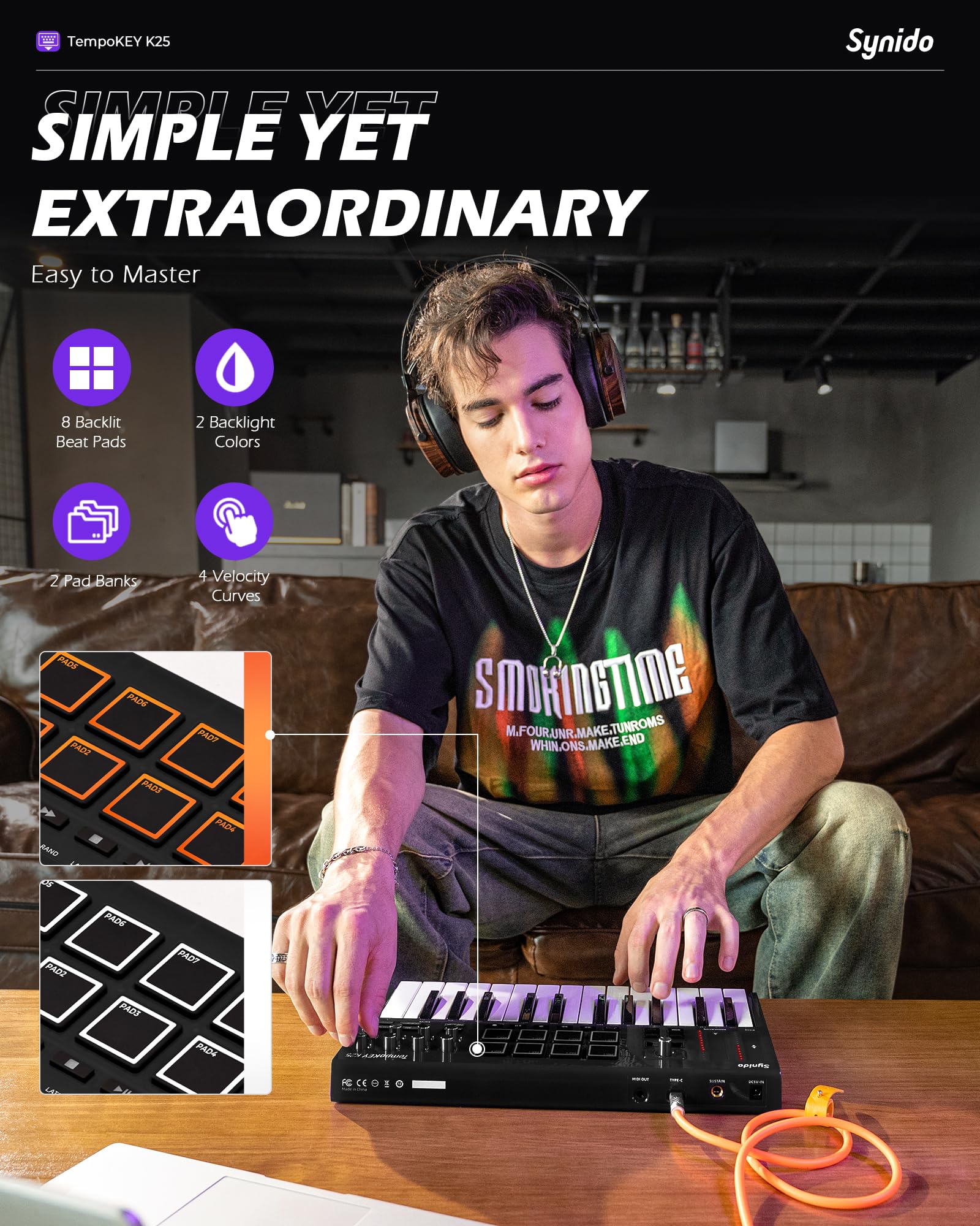 TempoKEY K25 - 25 Key USB C MIDI Keyboard Controller with Drum Pads, Velocity-sensitive Full-size Keys & OLED Screen | Portable Beat Maker for Music Production (Black) | Perfect for Home Studios, Live Performances & Electronic Music Creation