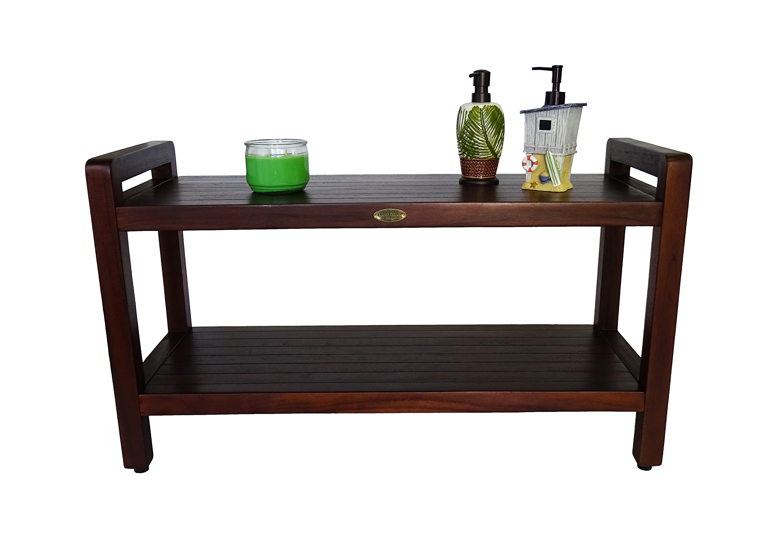 DecoTeak Eleganto 35 Inch Waterproof Teak Wood Shower Bench with Lift Aid Arms - Bathroom Stool Seat & Storage Shelf for Safety & Organization | Perfect for Elderly, Disabled & Spa Showers