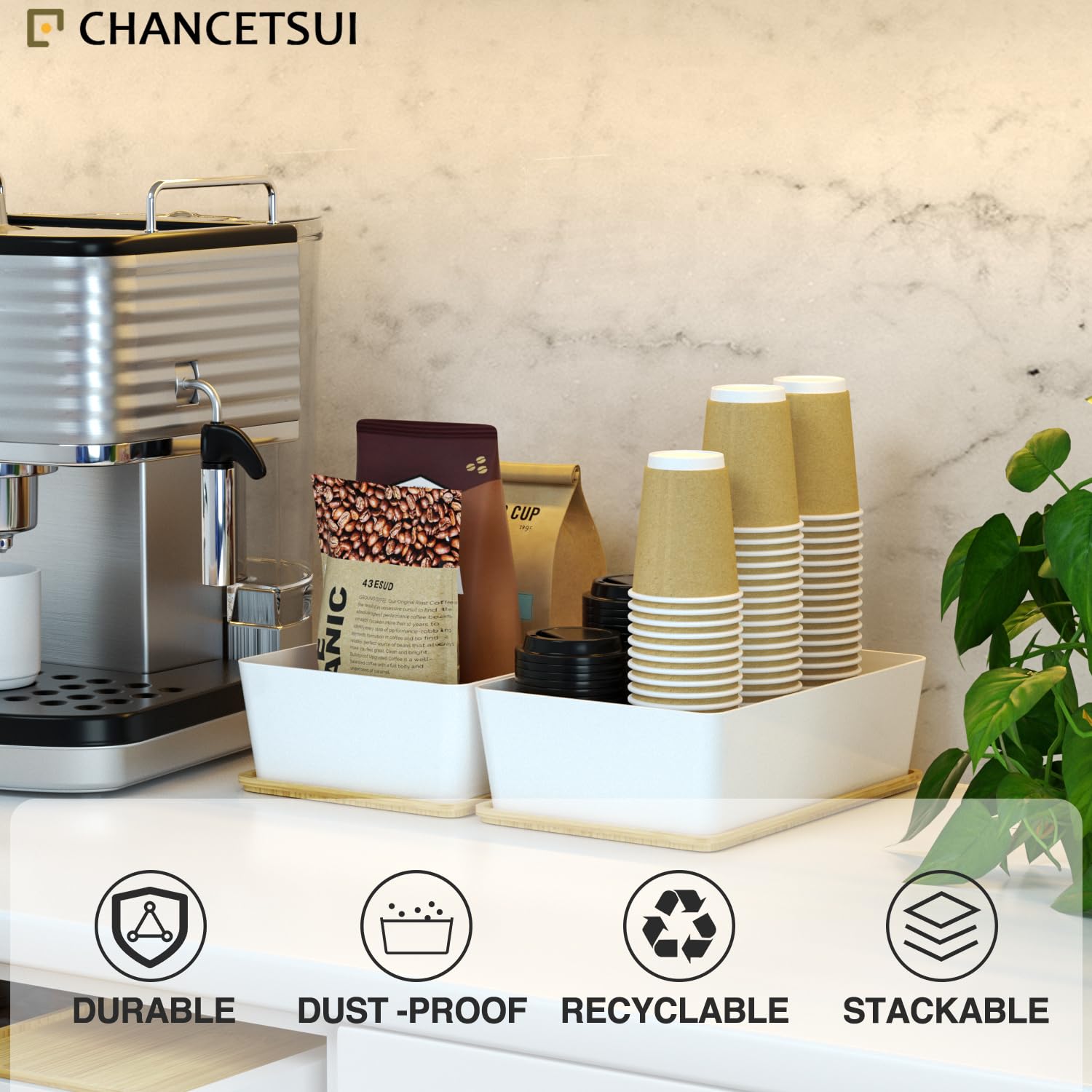 CHANCETSUI 2-Pack Stackable Storage Bins with Bamboo Lids - 7x10 Inch White Office Desk Organizers, Home & Office Storage Containers for Paper Clips, Pens, Documents | Perfect for Desk Organization & Closet Storage