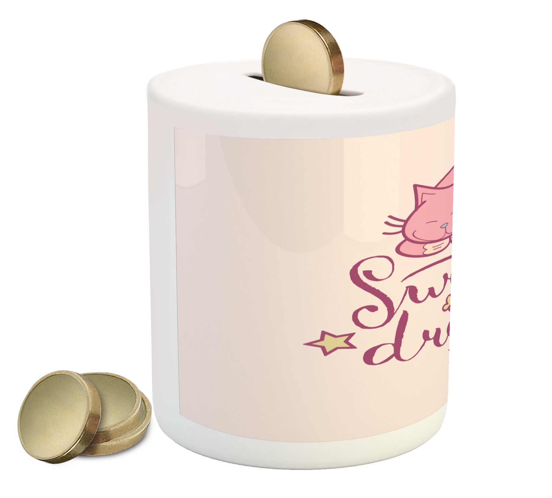 Ambesonne Ceramic Piggy Bank with Sleeping Cartoon Cat & Stars Design - Pastel Pink Money Box for Cash Savings | Perfect Gift for Kids, Teens & Collectors (Home Decor, Bedroom, Office)