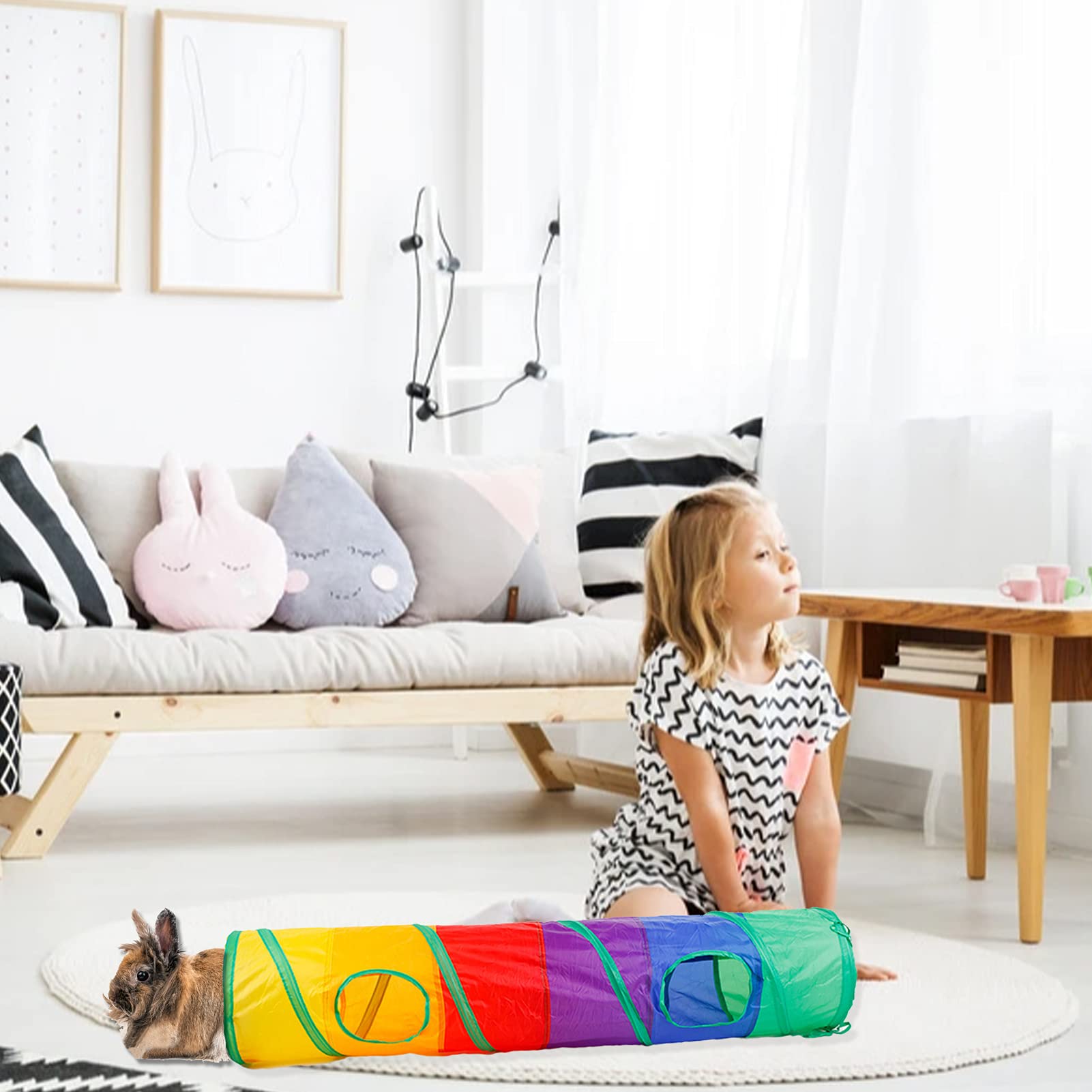 **Best Rabbit Toys for Small Pets - Large Bunny Hideout Tunnel with Chew Toys, Apple Sticks, Bamboo Carrot & Loofah Ball for Guinea Pig, Chinchilla, Ferret & Rat - Perfect for Playtime & Teeth Grinding**