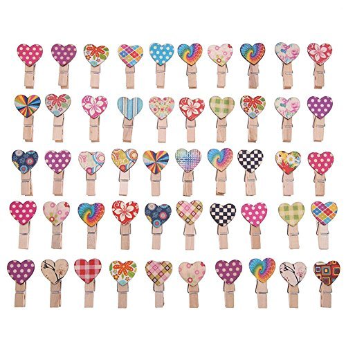 50pcs Mini Wooden Clothespins with Heart Design - Small Peg Clips for Photos, Postcards, Crafts, DIY Projects & Office Organization - Perfect for Scrapbooking, Bulletin Boards, Gift Wrapping & Home Decor