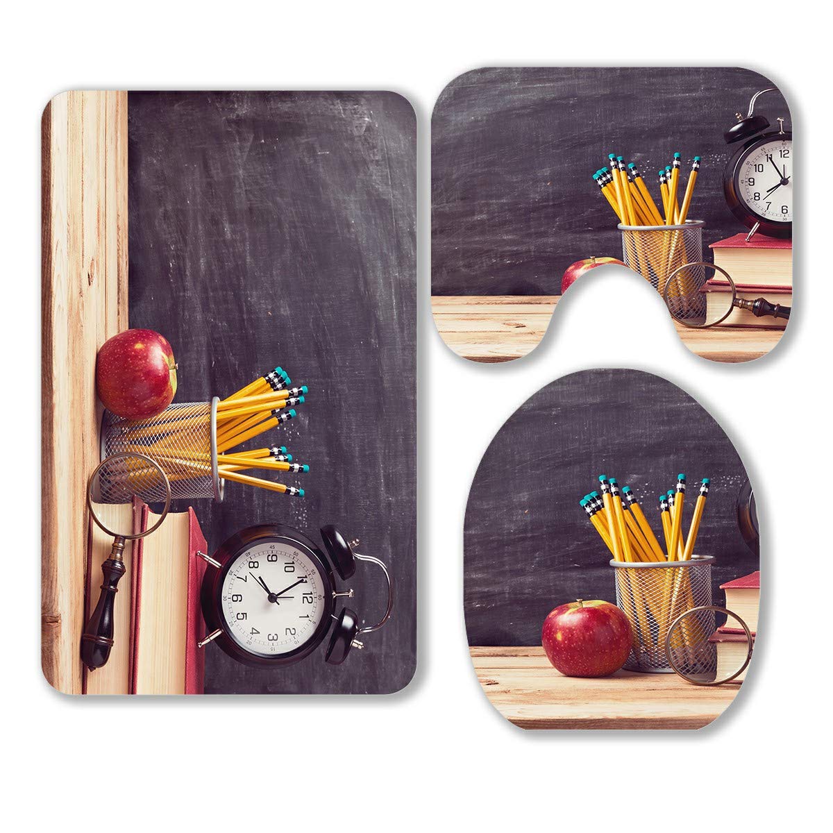 ECZJNT Back to School Books Alarm Clock Over Chalkboard 3-Piece Bathroom Rug Set - Non-Slip Contour Mat & Toilet Lid Cover for Kids' Bathroom Decor - Perfect for School Themed Bedrooms, Dorm Rooms & Children's Bathrooms