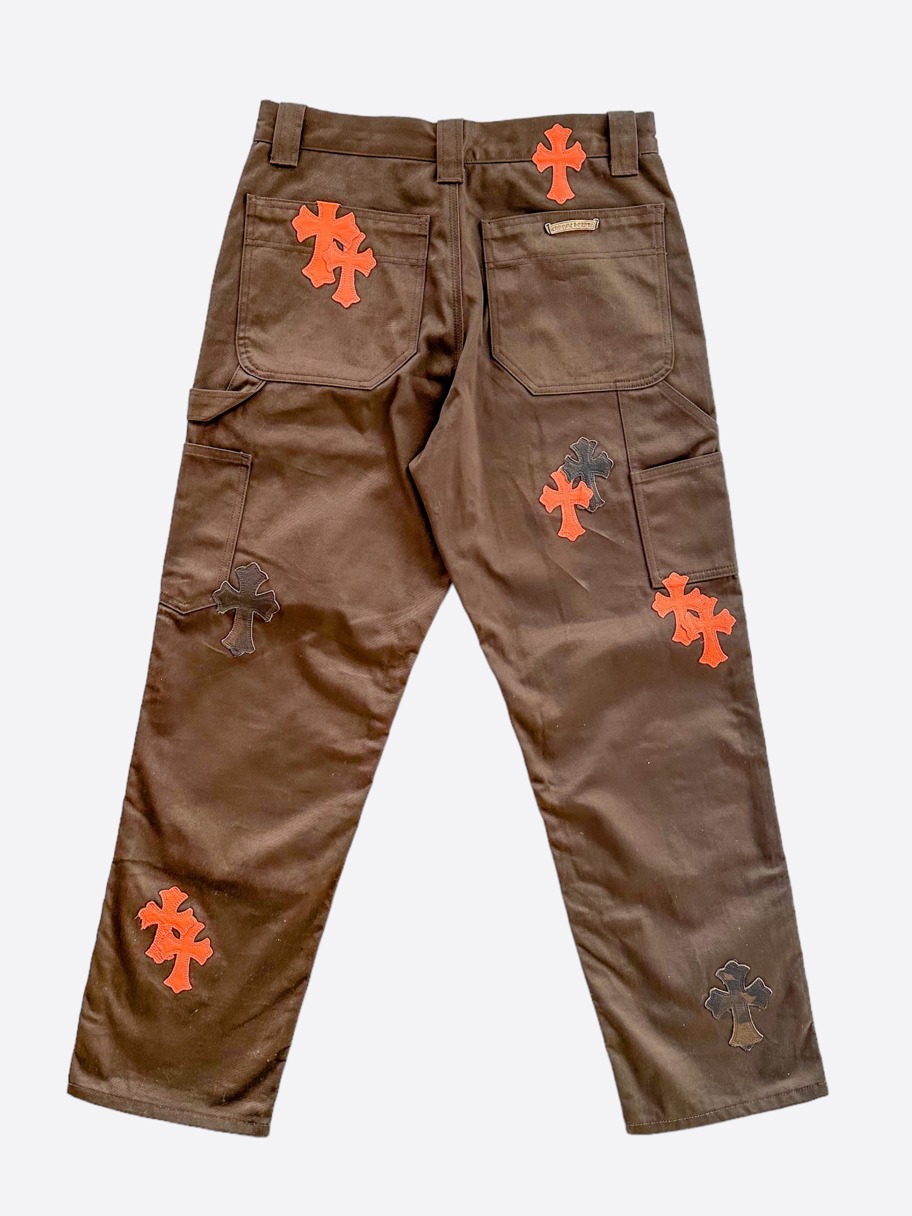 Chrome Hearts Brown & Orange Cross Patch Carpenter Jeans - Stylish Distressed Denim Pants for Men | Perfect for Streetwear, Casual Outfits & Fashion Statements