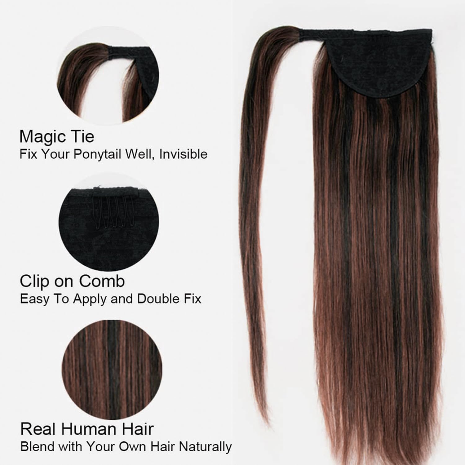 Black & Brown Clip-In Ponytail Hair Extensions - 100% Remy Human Hair - Seamless Wrap-Around Design for Natural Volume & Length - Perfect for Parties, Weddings & Everyday Styling