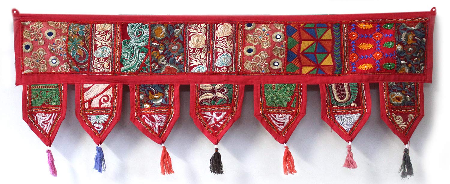 Hand Embroidered Cotton Vintage Patchwork Valance - 42 Inch Bohemian Window Curtain for Living Room & Bedroom | ICC Toran Door Hanging Decor | Handmade Home Decor for Boho Chic Style