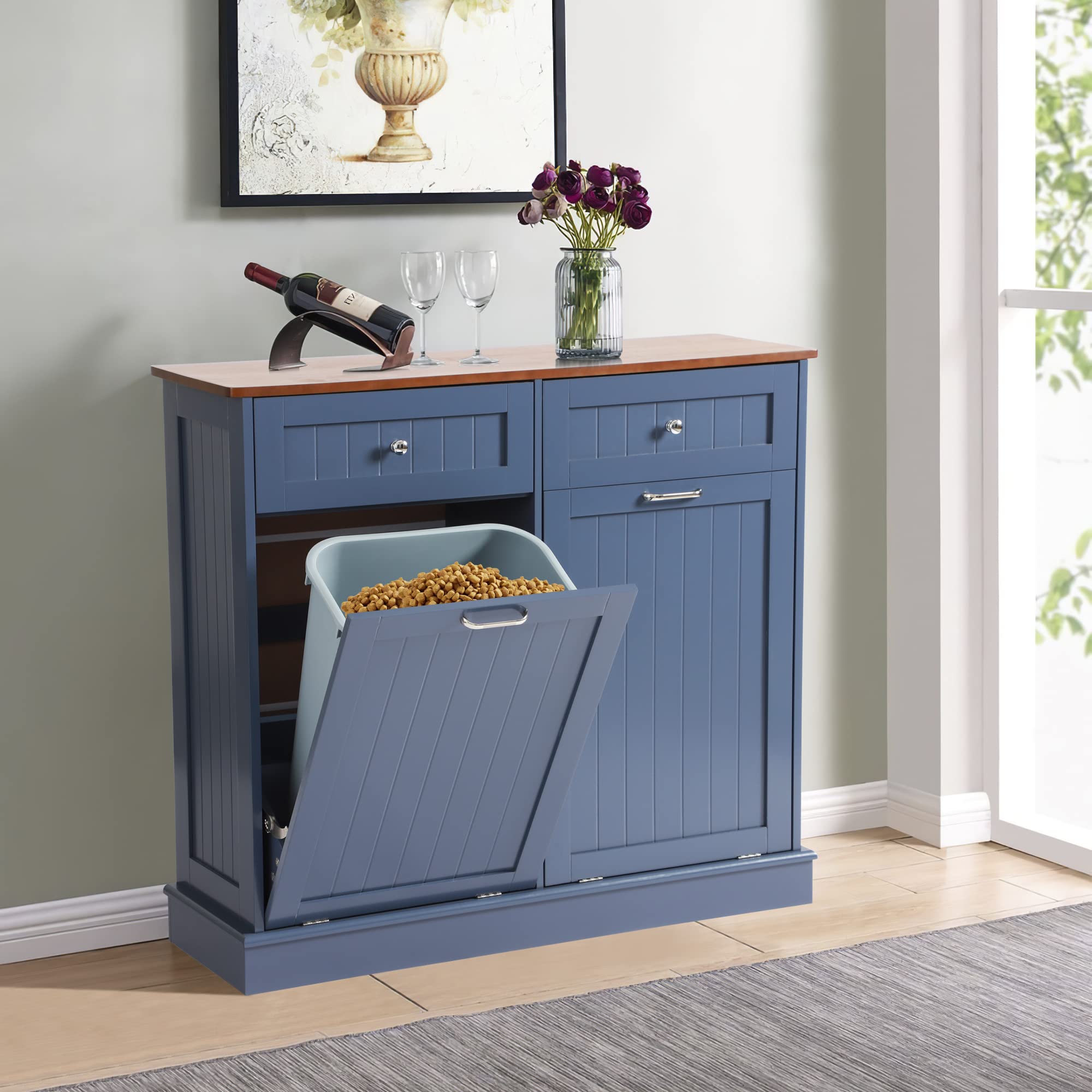 Tilt Out Trash Can Cabinet with Double Hidden Trash Bin Holder - Wooden Free Standing Kitchen Recycling Storage - Dog Proof Trash Can in Blue - Perfect for Small Kitchens, Pantries & Pet-Friendly Homes