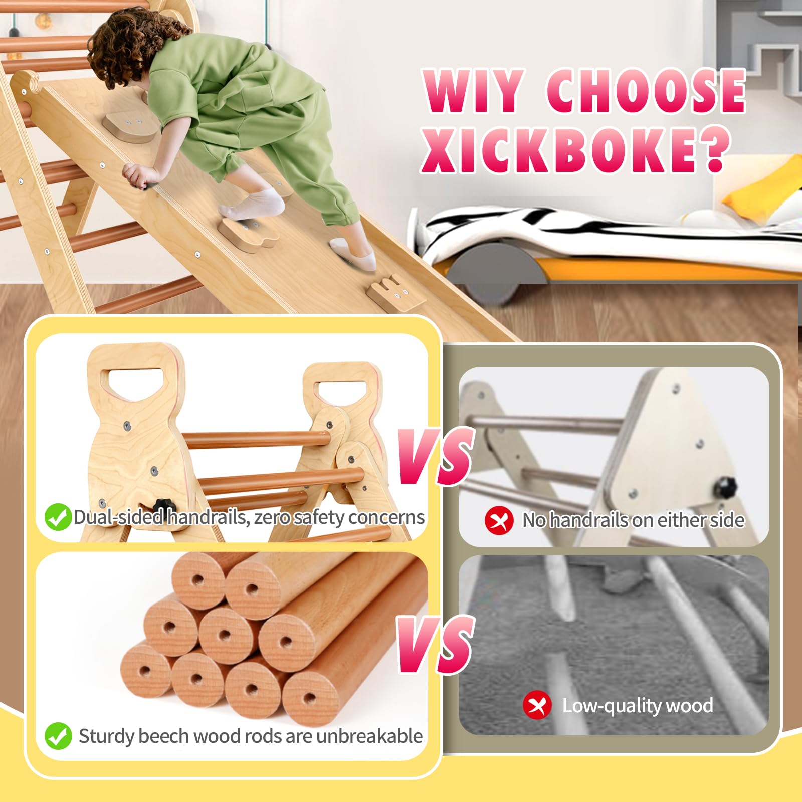 Montessori Pikler Triangle Climbing Set - Wooden Toddler Play Gym for Indoor & Outdoor - Slides & Climbing Toys for Kids Ages 1-3 - Perfect for Home Playrooms, Daycares & Backyard Adventures