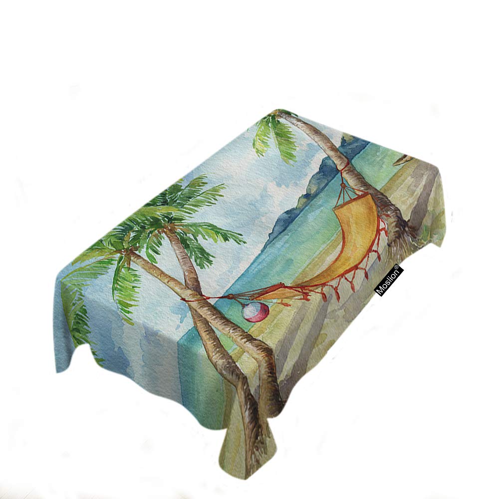 Moslion Summer Beach Tablecloth 60x84 Inch - Coastal Sea Theme with Palm Trees, Hammocks & Balloons - Waterproof Polyester Picnic & BBQ Table Cover for Outdoor, Kitchen, Party, Camping
