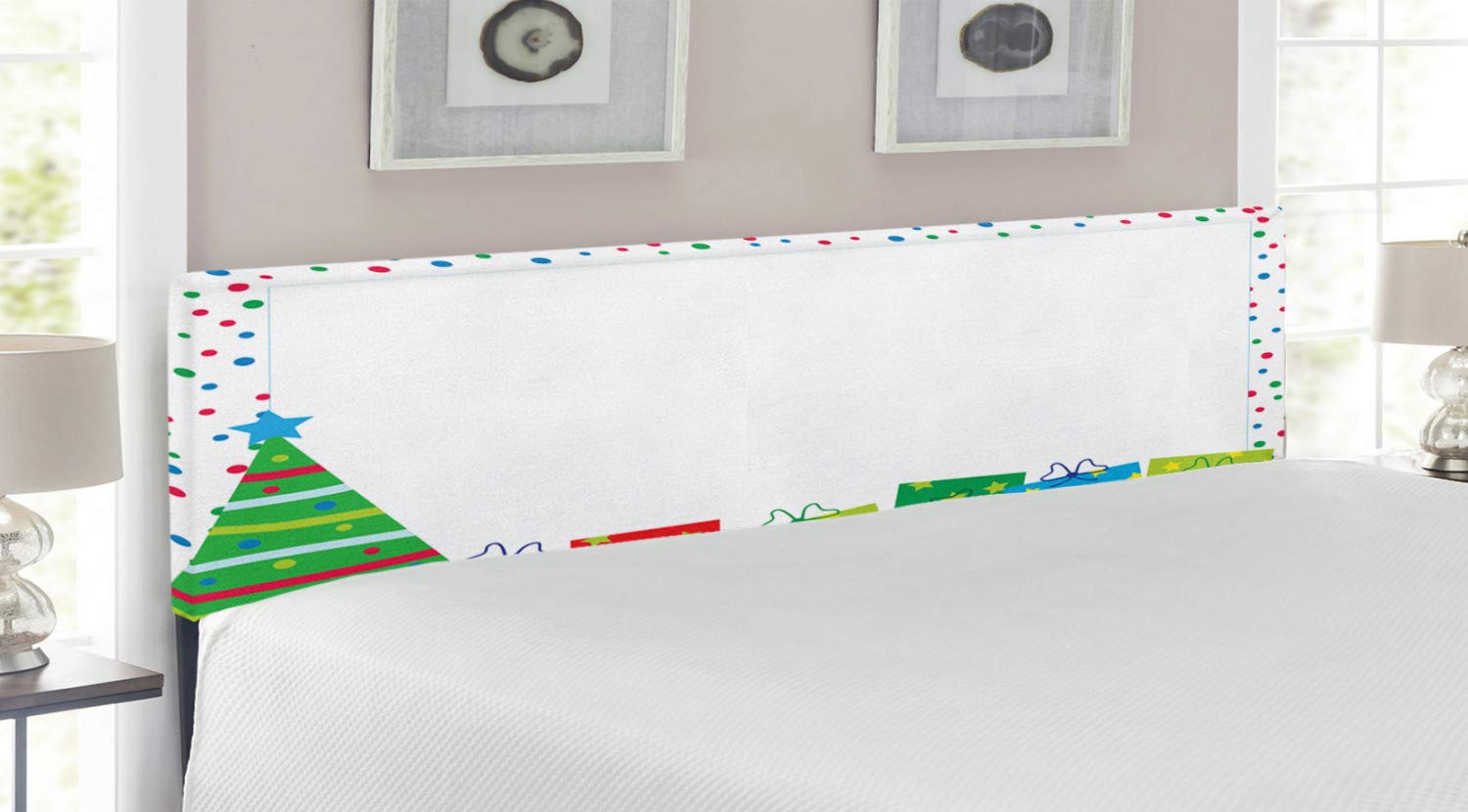 Ambesonne King Size Upholstered Metal Bed Headboard with Memory Foam - Christmas & New Year Pine Tree Surprise Boxes Border Design - Multicolor Decorative Headboard for Holiday Bedroom Decor