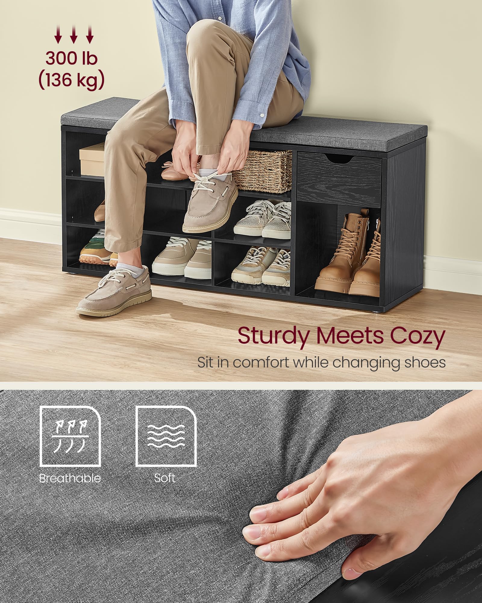VASAGLE Storage Bench with Cushion, Entryway Bench with Drawer & Open Compartments, Multi-Functional Storage Seat for Living Room, Bedroom, Closet - Ebony Black & Slate Gray ULHS024B02 | Perfect for Small Spaces, Hallway Organization & Extra Seating