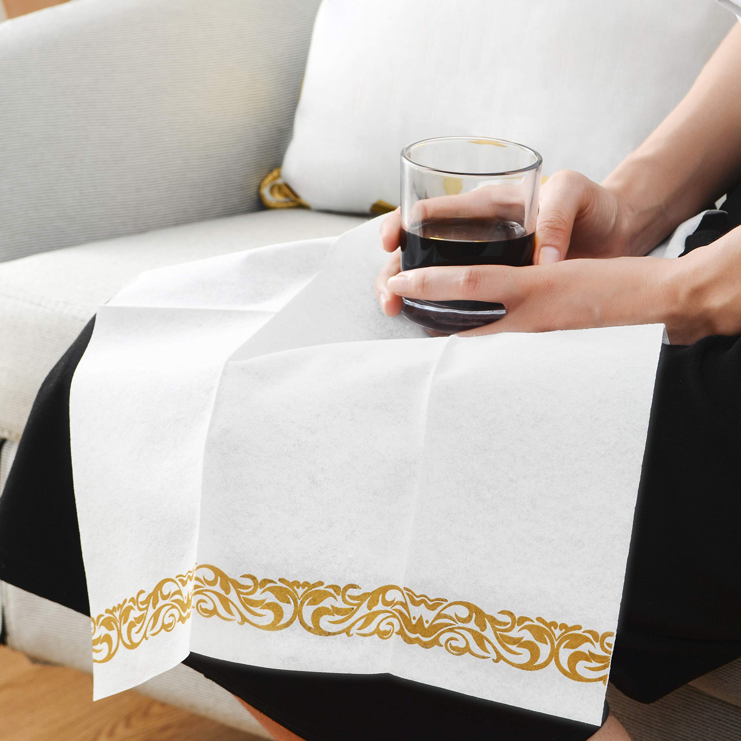 200 Premium Disposable Guest Towels for Bathroom & Kitchen - Soft Linen-Feel Decorative Hand Towels | Absorbent Paper Dinner Napkins for Weddings, Parties & Events (Elegant White & Gold) - Perfect for Upscale Gatherings & Luxury Home Decor