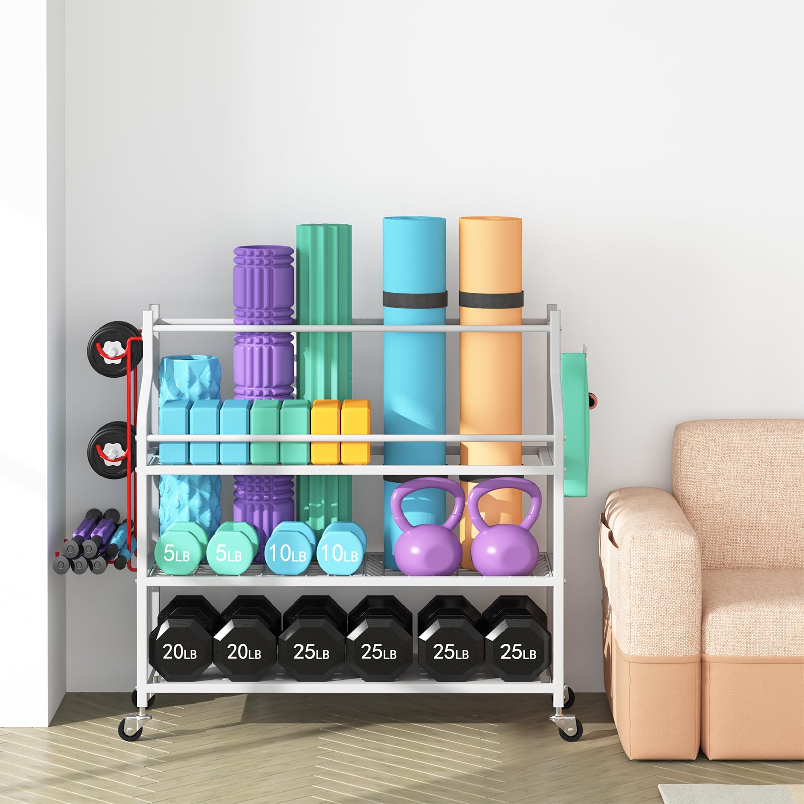 VILAWLENCE Yoga Mat Storage Rack Cart - Multifunctional Home Gym Organizer for Dumbbells, Kettlebells & Jump Ropes - Large Capacity Exercise Equipment Storage Solution for Yoga Mats, Weights & Fitness Gear - Perfect for Home Gym Organization & Workout Space Optimization