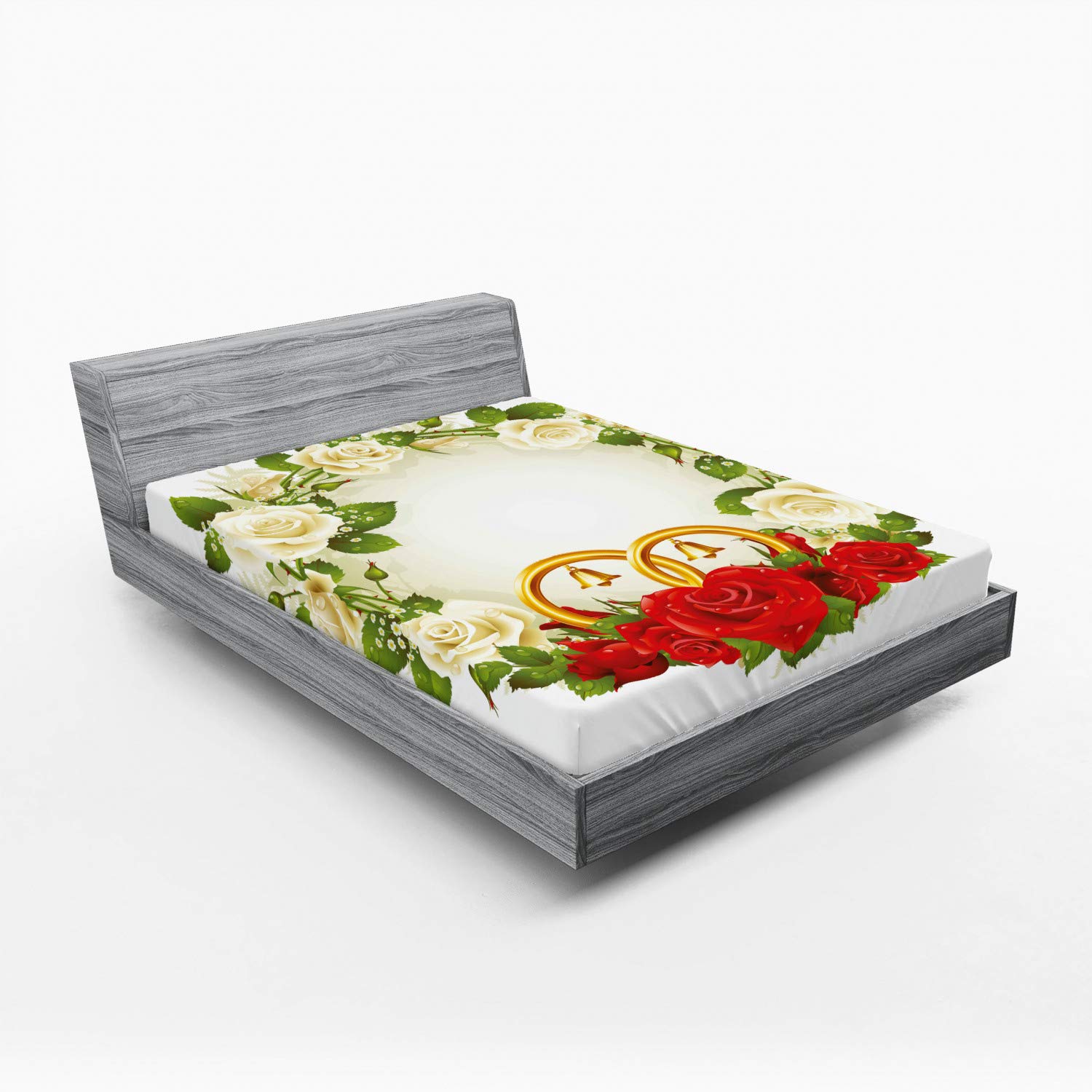 Ambesonne Wedding Fitted Sheet - White & Red Roses with Wedding Rings Design, Full Size Deep Pocket Bed Cover with All-Around Elastic for Comfort | Perfect for Romantic Weddings, Anniversaries & Honeymoon Bedroom Decor