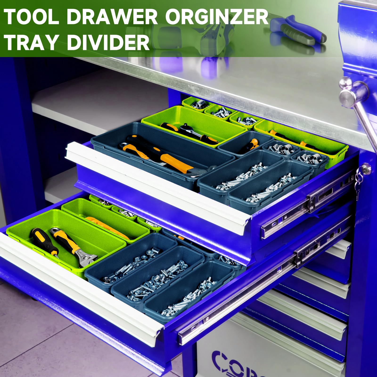 60-Piece Tool Box Organizer Tray Set (Blue & Green) - Heavy Duty Toolbox Drawer Organizer for Rolling Tool Chests, Perfect for Garage, Workshop & DIY Projects