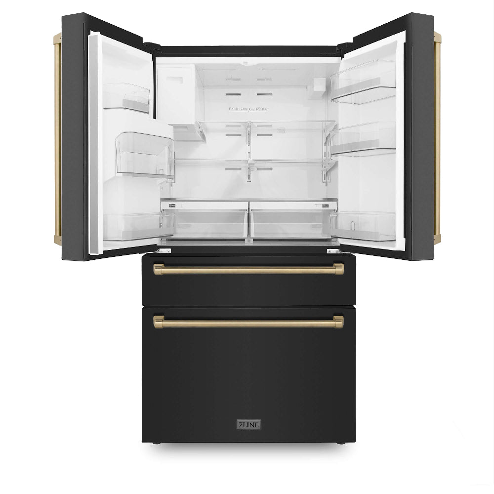 ZLINE Autograph Edition 36-Inch Counter Depth French Door Refrigerator - 21.6 cu.ft Capacity, Fingerprint Resistant Black Stainless Steel with Champagne Bronze Handles, Built-in Water & Ice Dispenser (RFMZ W 36 BS CB) - Perfect for Modern Kitchens, Open-Concept Homes & Entertaining Guests