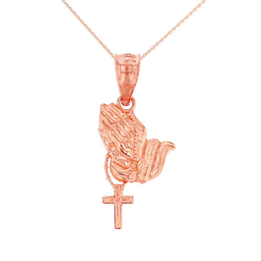 10K Rose Gold Prayer Hands Charm Pendant Necklace with Beads - Inspirational Religious Jewelry for Women, Gift for Baptism, First Communion & Spiritual Occasions