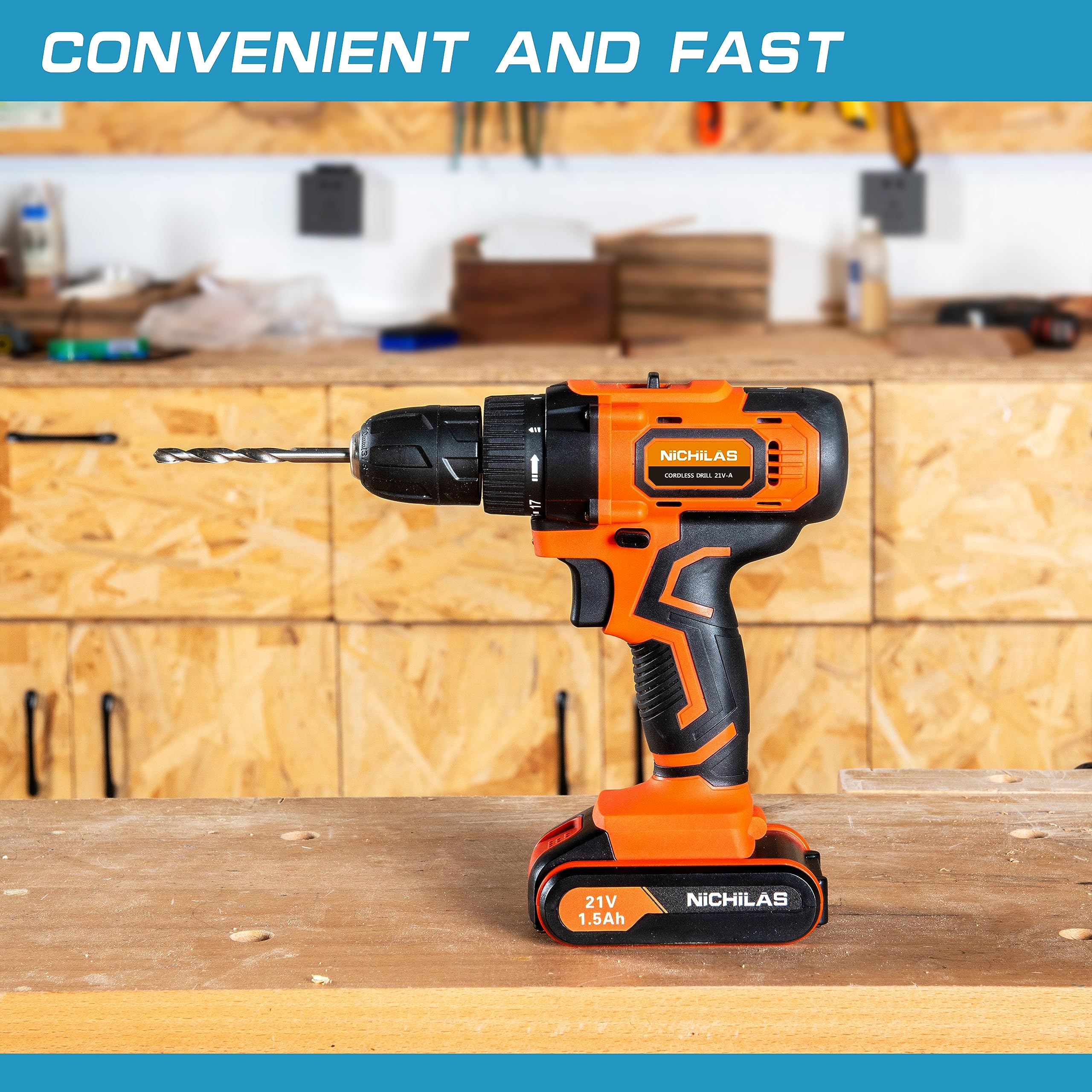 21V Cordless Drill with 2 Variable Speeds & 3/8