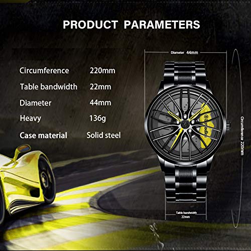 Stainless Steel Car Wheel Watch with Japanese Quartz Movement - Waterproof Sports Wristwatch for Men - Perfect for Racing Enthusiasts & Car Lovers - Ideal for Driving, Motorsport Events & Everyday Wear