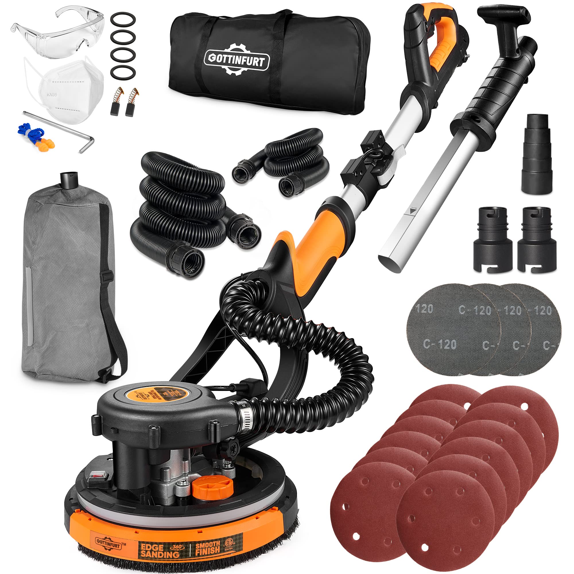 Electric Drywall Sander with Vacuum - 7 Speed Adjustable (900-1800 RPM), 95.5% Dust Removal, 14ft Hose & 26ft Power Cord - Perfect for Ceiling Sanding, Wall Smoothing & DIY Home Renovation Projects