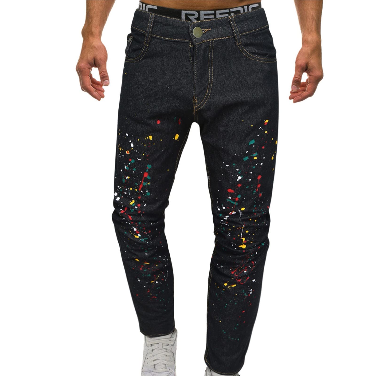 Printed Drawstring Mid-Waist Slim-Fit Men's Casual Jeans with Pockets | Comfortable Stretch Denim Pants for Everyday Wear, Street Style & Outdoor Activities