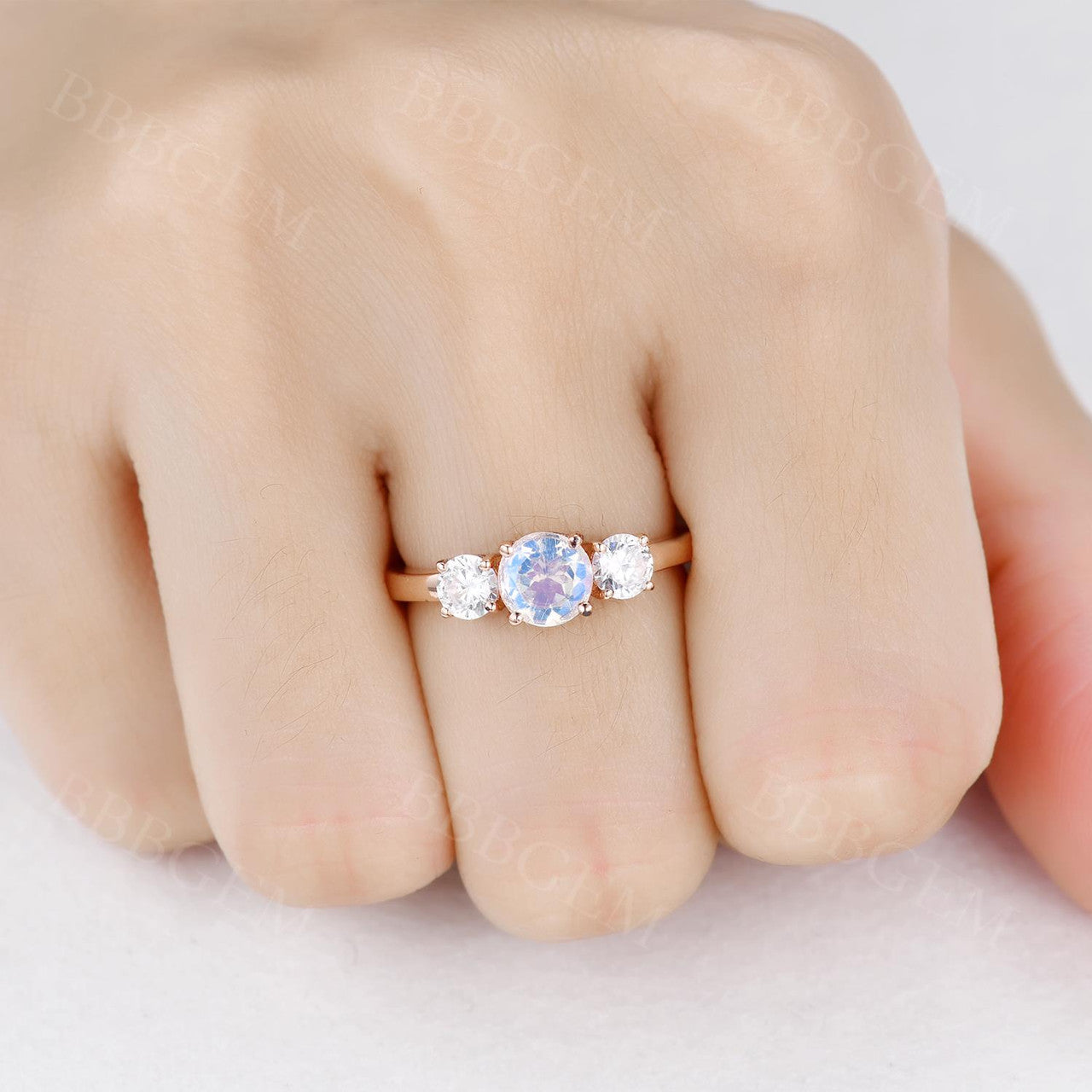 14K/18K Gold Moonstone & Moissanite Three Stone Engagement Ring - Elegant Wedding Jewelry for Brides & Proposals