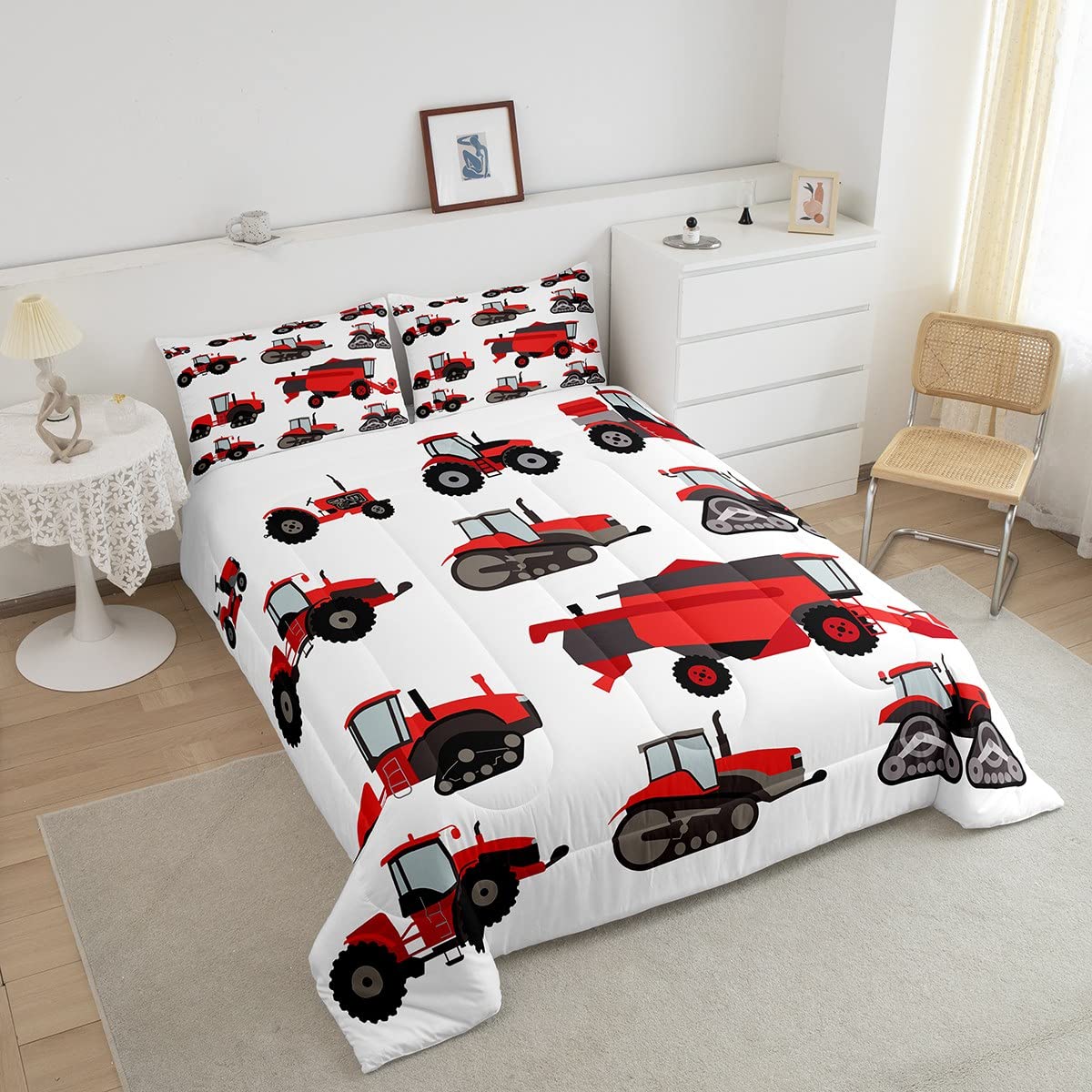 Feelyou Red Tractor Comforter Set - 3Pcs Queen Size Farm Equipment Bedding Collection with Harvester Design | Perfect for Boys' Room, Farmhouse Decor & Themed Bedrooms