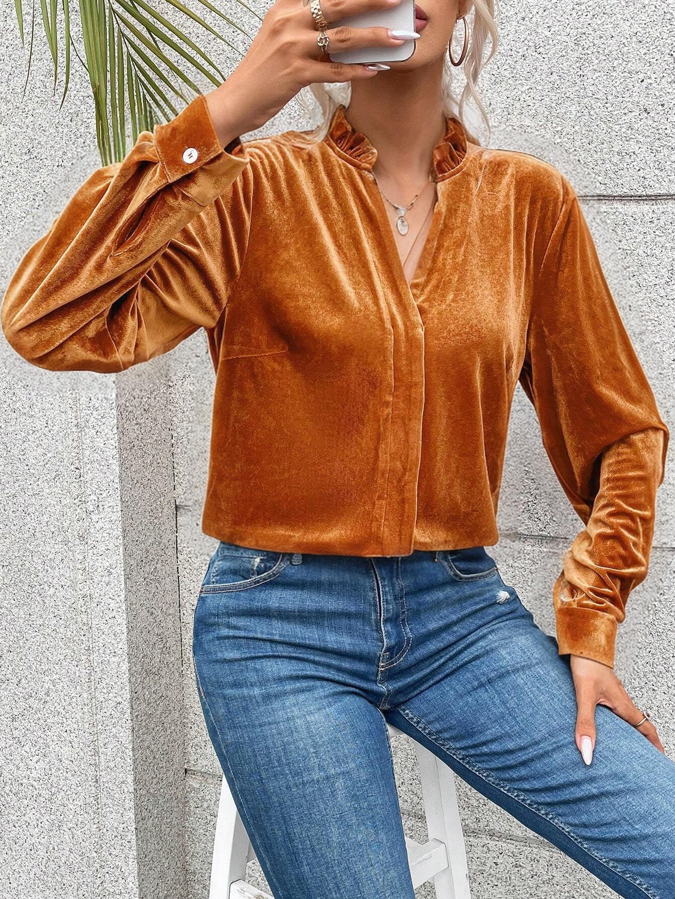 Women's Velvet Long Sleeve V-Neck Tunic Blouse - Soft Casual Loose Fit Shirt for Work, Date Night & Holiday Parties