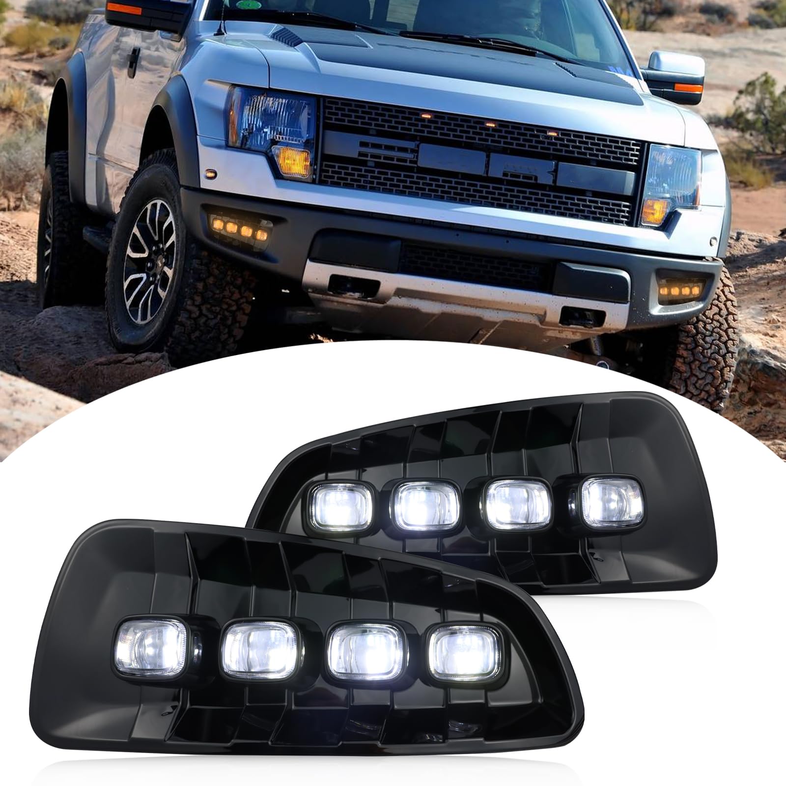 Ford F150 2010-2014 SVT Raptor SuperCrew LED Front Bumper Fog Lights with Daytime Running Lights & Turn Signal Lamps - Durable Off-Road Lighting for Night Driving & Enhanced Visibility