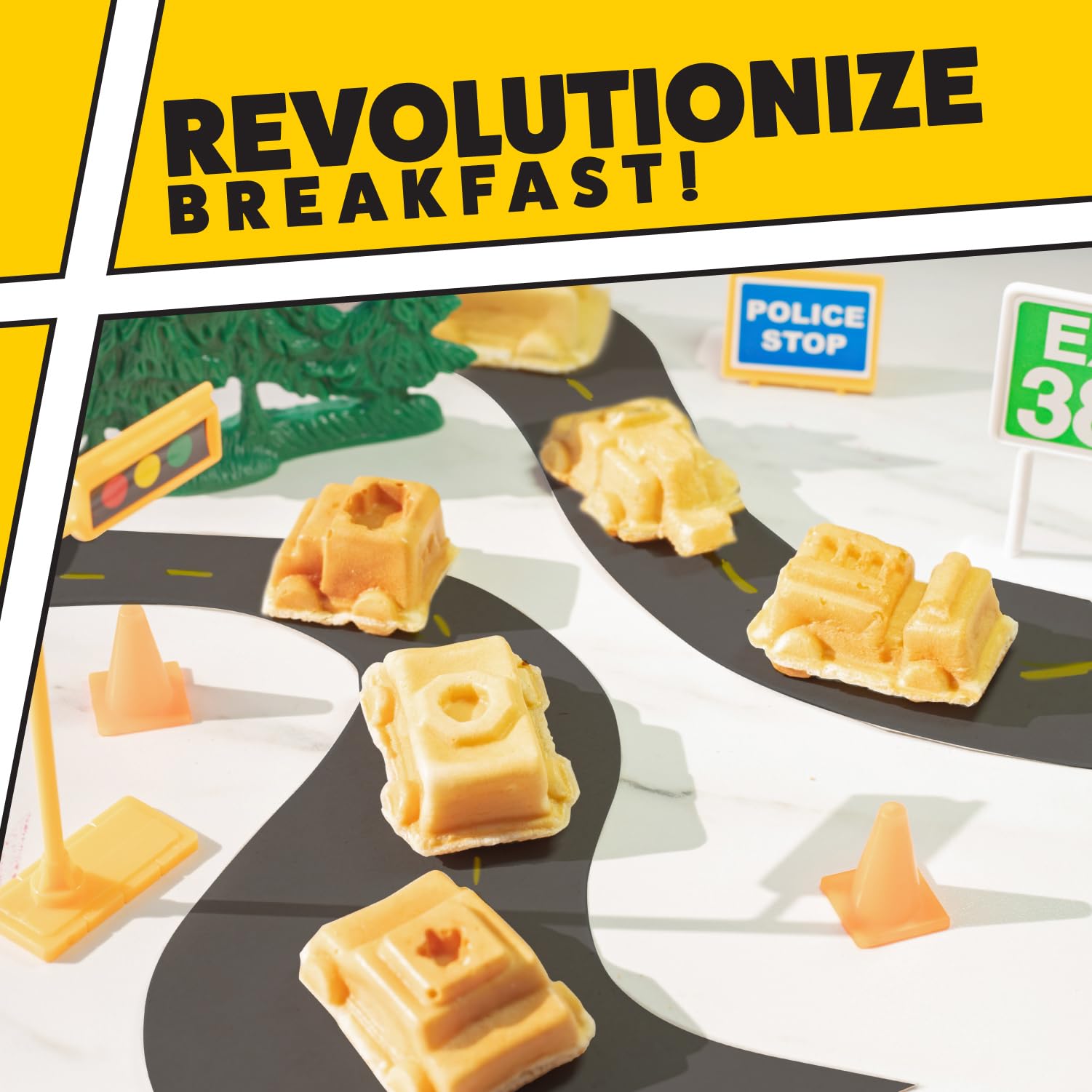 Mini Waffle Maker for Cars & Trucks - Create 7 Fun Vehicle-Shaped Pancakes (Police Car, Fire Truck, Construction Truck) - Electric Non-Stick Iron with Free Recipe Guide - Perfect Kids Gift for Birthday Parties & Family Breakfast Fun