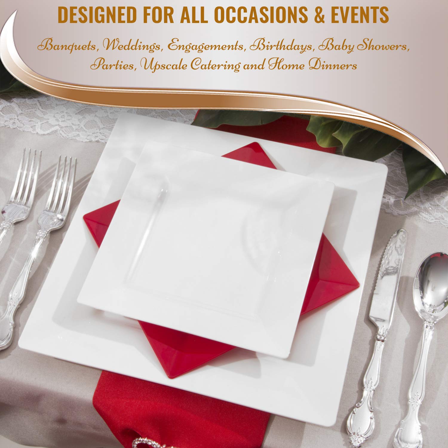 Elegant Disposable Plastic Dinnerware Set for 120 Guests - Heavy Duty White Plastic Plates & Cutlery Combo | Perfect for Weddings, Parties & Catering Events