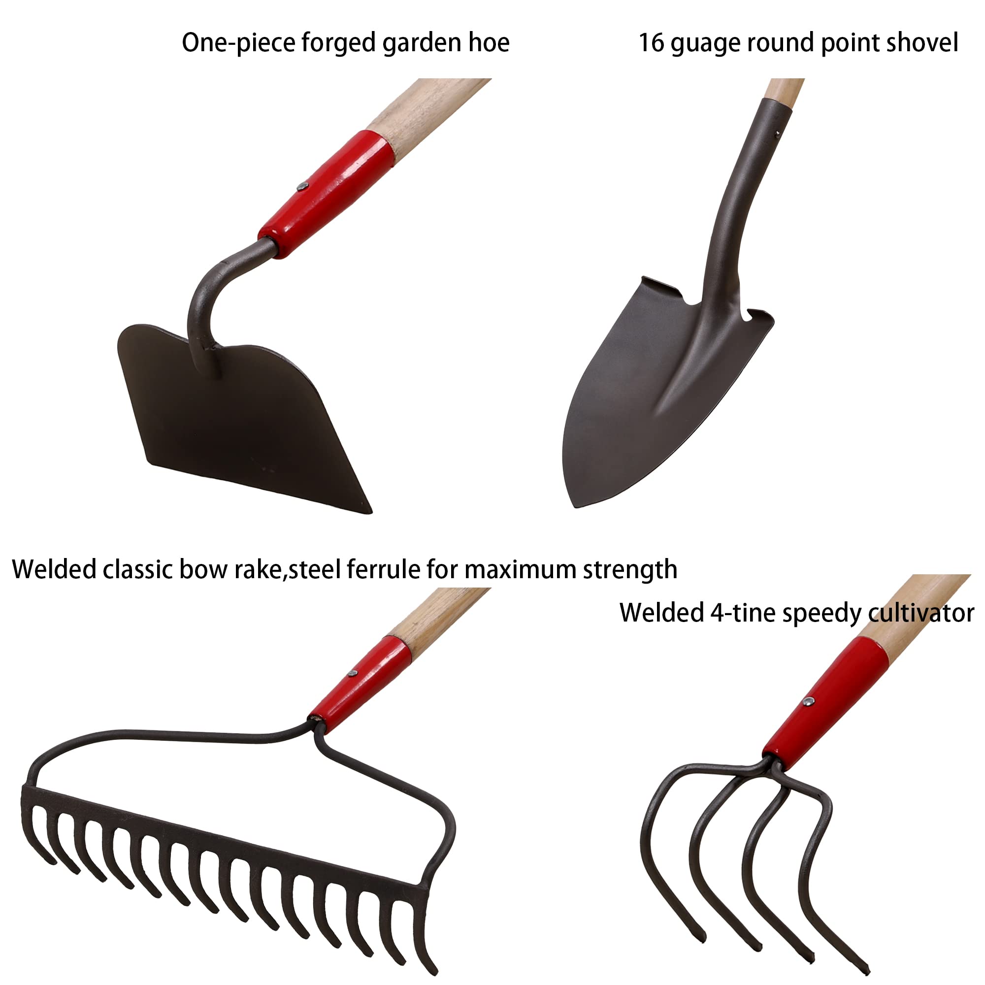 **GardenAll 7-Piece Garden Tool Set - Shovels, Rakes & Hoe with Long Wooden Handles - Durable Metal Digging Tools for Women & Men - Perfect for Planting, Weeding & Landscaping**