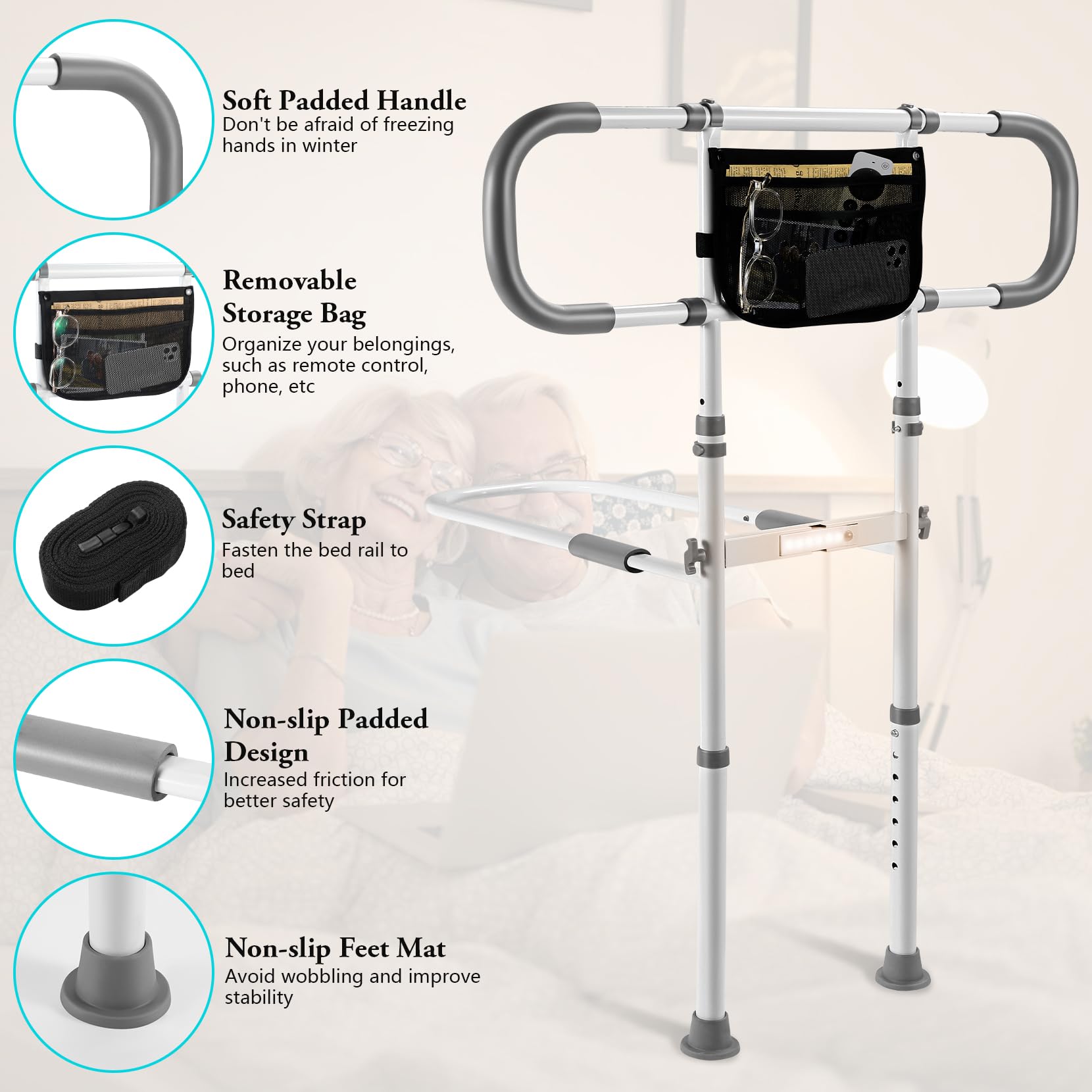**Adjustable Bed Safety Rails for Elderly Adults - Bed Assist Handrail with Grab Bar for Seniors - Fits King, Queen, Full & Twin Beds - Ideal for Home Care, Fall Prevention & Mobility Support**