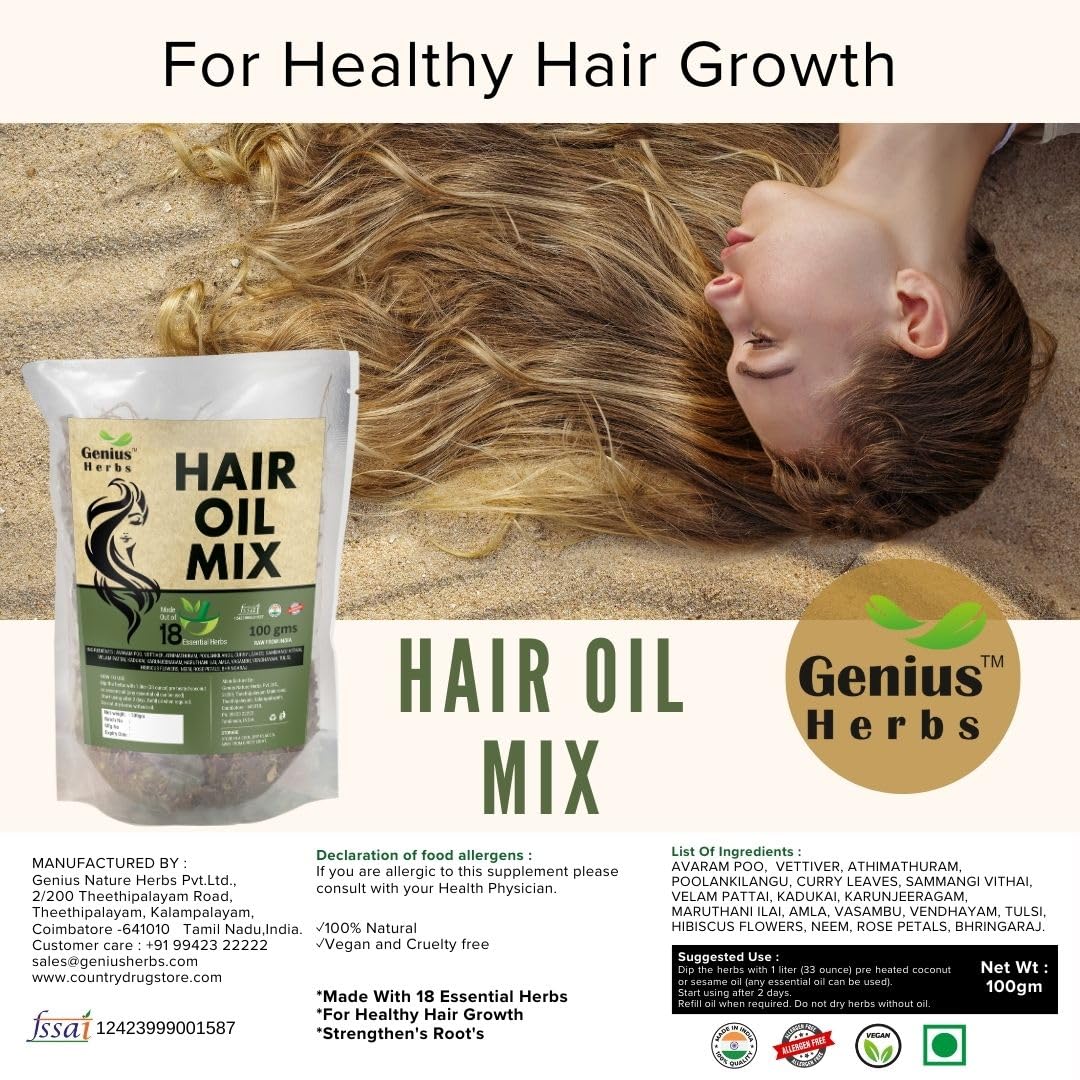 Genius Herbs Herbal Hair Oil Mix - 100g with 18 Essential Herbs for Long, Thick & Beautiful Hair Growth | Instant Premix for Hair Care | Perfect for Daily Scalp Massage & Deep Conditioning Treatment