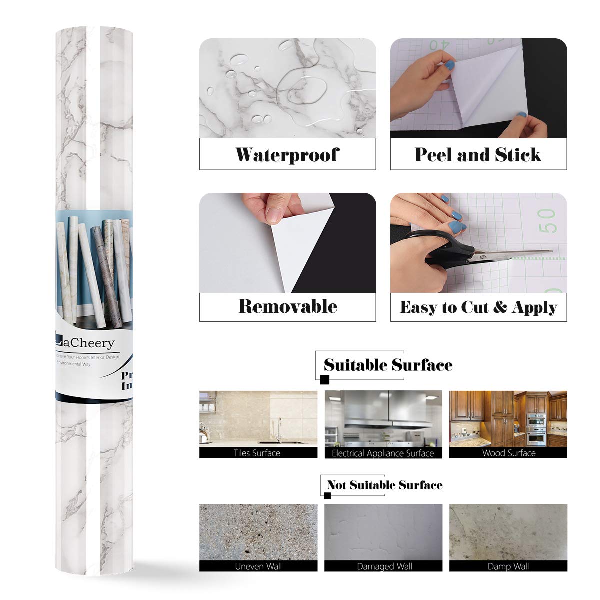 LaCheery 61CM x 4M Grey White Marble Contact Paper - Peel and Stick Wallpaper for Countertops, Cabinets, Tables | Waterproof Self-Adhesive Vinyl Film for Kitchen, Bathroom, Office, Dorm Decor & Furniture Protection