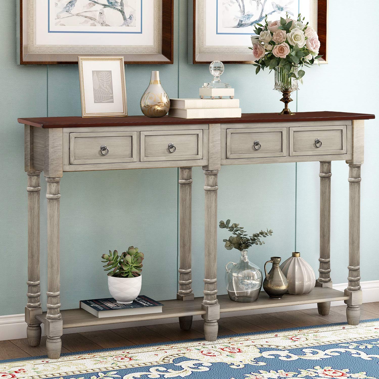 Solid Wood Console Sofa Table with 2 Large Storage Drawers, Rustic Entryway Table with Open Shelf - Modern TV Stand for Living Room, Bedroom & Entryway (Gray, Large) - Perfect for Small Space Organization & Home Decor