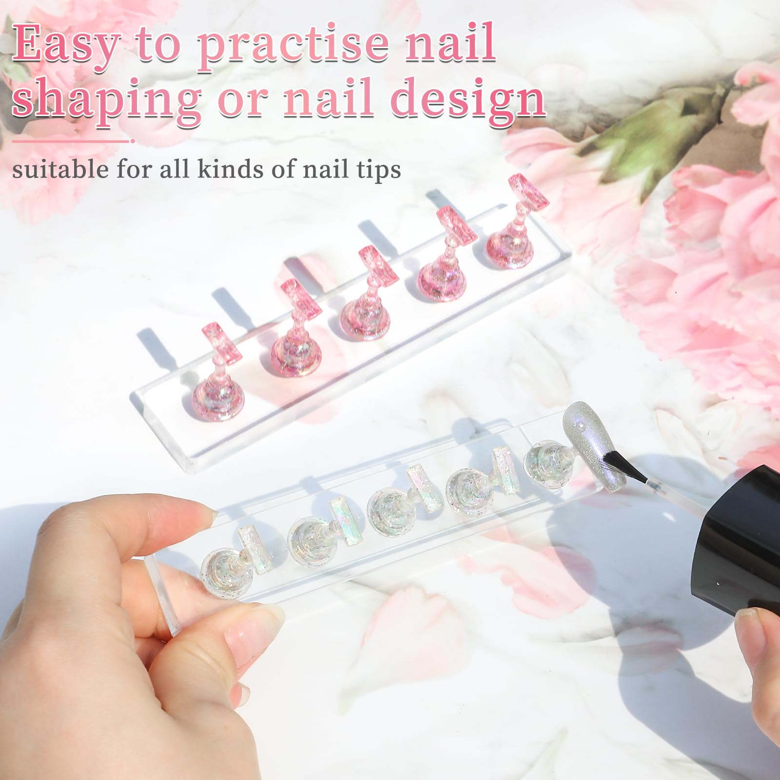 BQAN 2-Pack Square Nail Holder Stand for Press On & Acrylic Nails - Includes 96 Pcs Reusable Adhesive Putty - Perfect for DIY Manicures, Salon Nail Art & Home Nail Practice