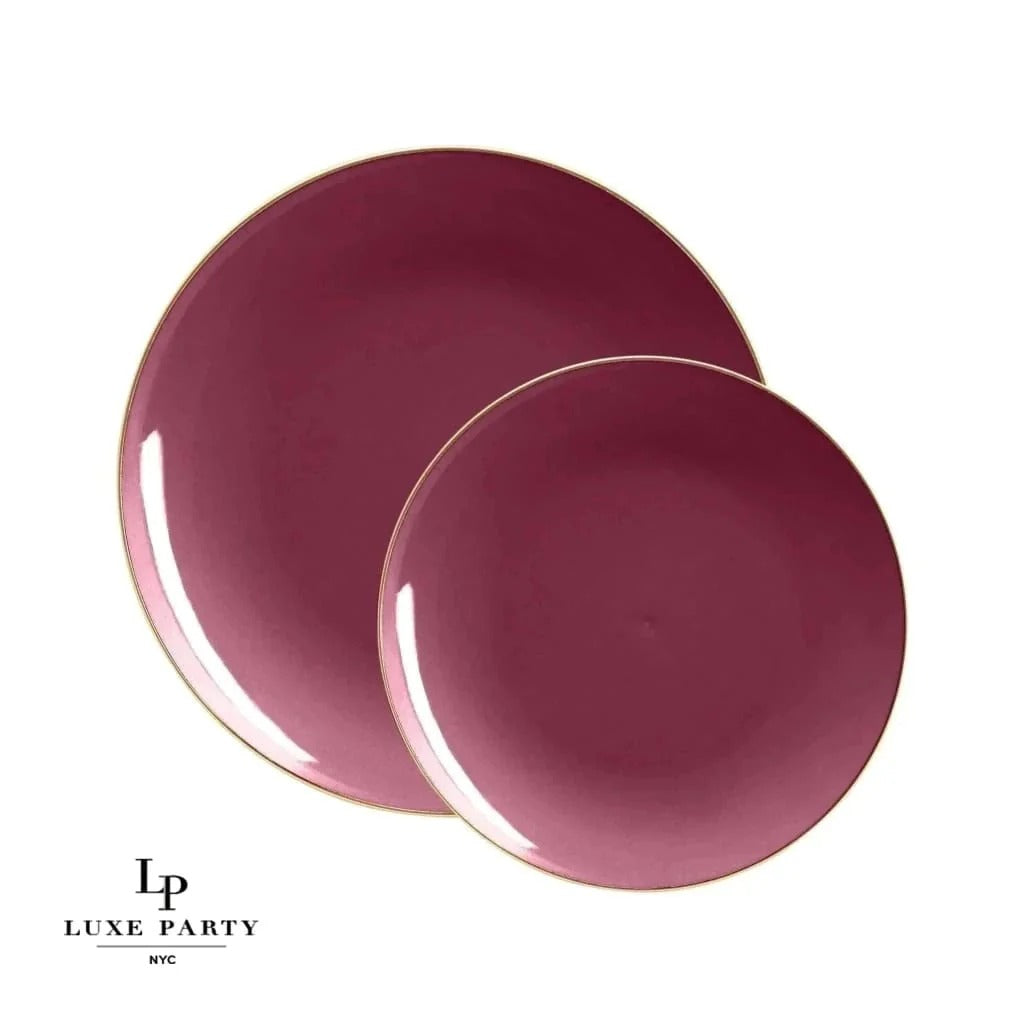 Organic Cranberry Red & Gold Rim Round Plastic Plates - Elegant Disposable Dinnerware for Parties, Weddings & Holiday Gatherings