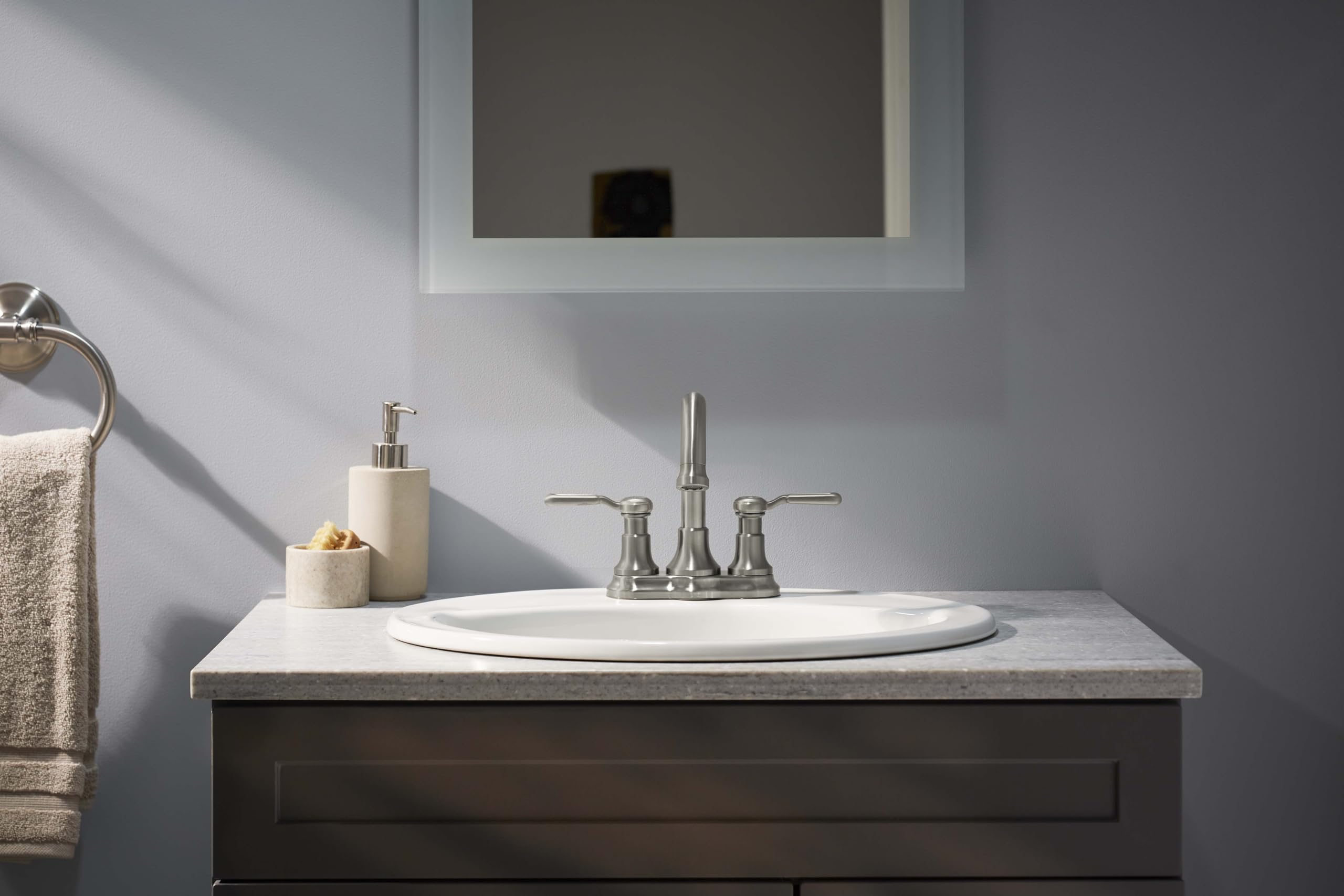 KOHLER Ludington Centerset Bathroom Sink Faucet - Modern 2-Handle Bathroom Faucet with High Arc Spout for Vanity Sink, Perfect for Home, Hotel, and Commercial Use