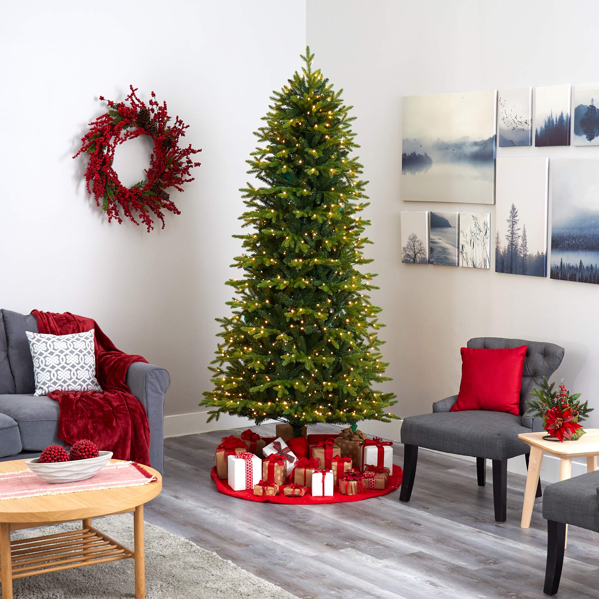 Nearly Natural 8ft Belgium Fir Artificial Christmas Tree with 650 Clear LED Lights - Realistic Holiday Decor for Home, Office & Party