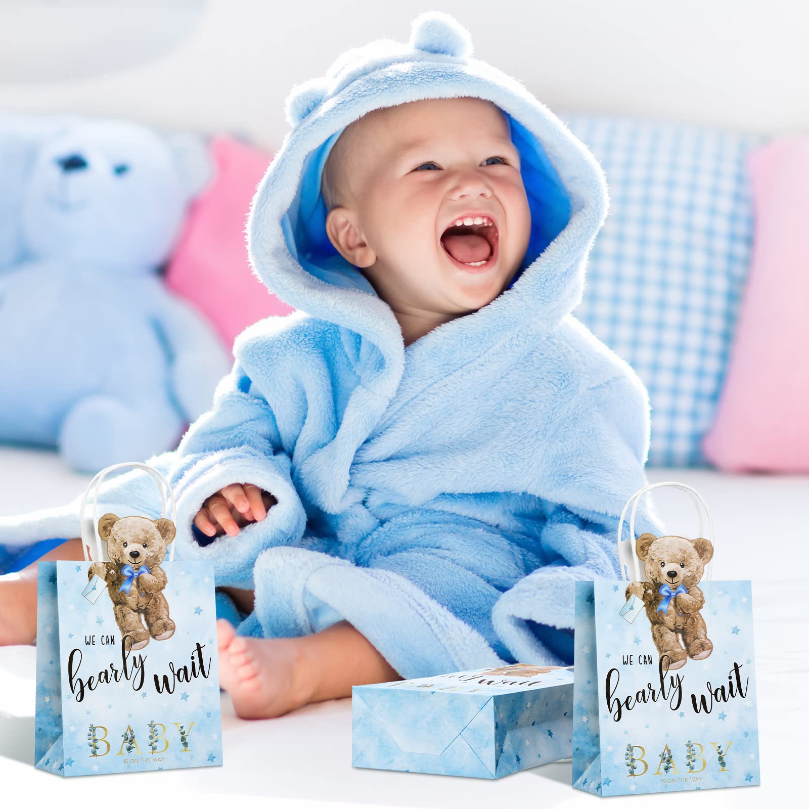 Tinlade 16 Pcs Bear-Themed Baby Shower Gift Bags with Handles | Cute 'We Can Bearly Wait' Baby Shower Party Favors | Perfect for Birthday Parties, Weddings & Game Prizes | Baby Shower Decorations & Celebration Supplies