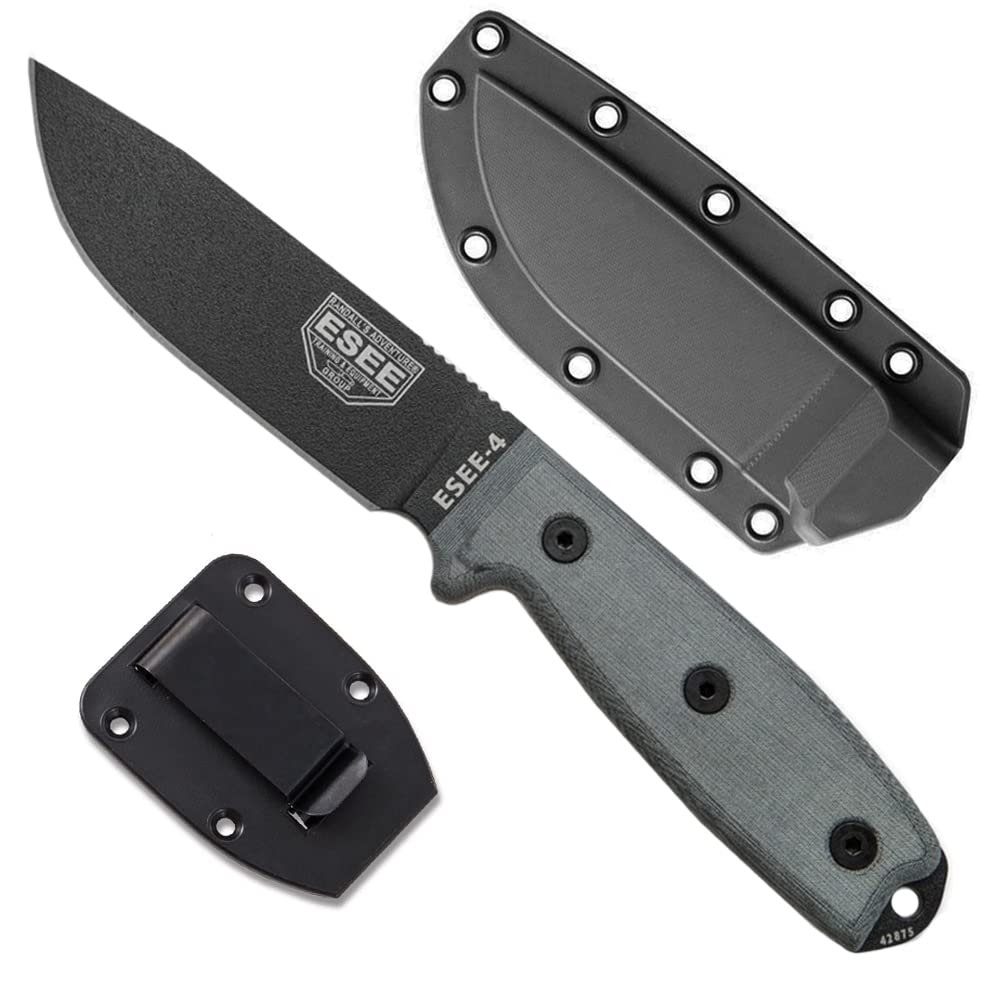 ESEE 4P Survival Knife - Full Tang Fixed Blade Outdoor Knife with Polymer Sheath | Heavy Duty Camping, Hunting & Bushcraft Knife | Perfect for Wilderness Survival, Hiking & Emergency Preparedness
